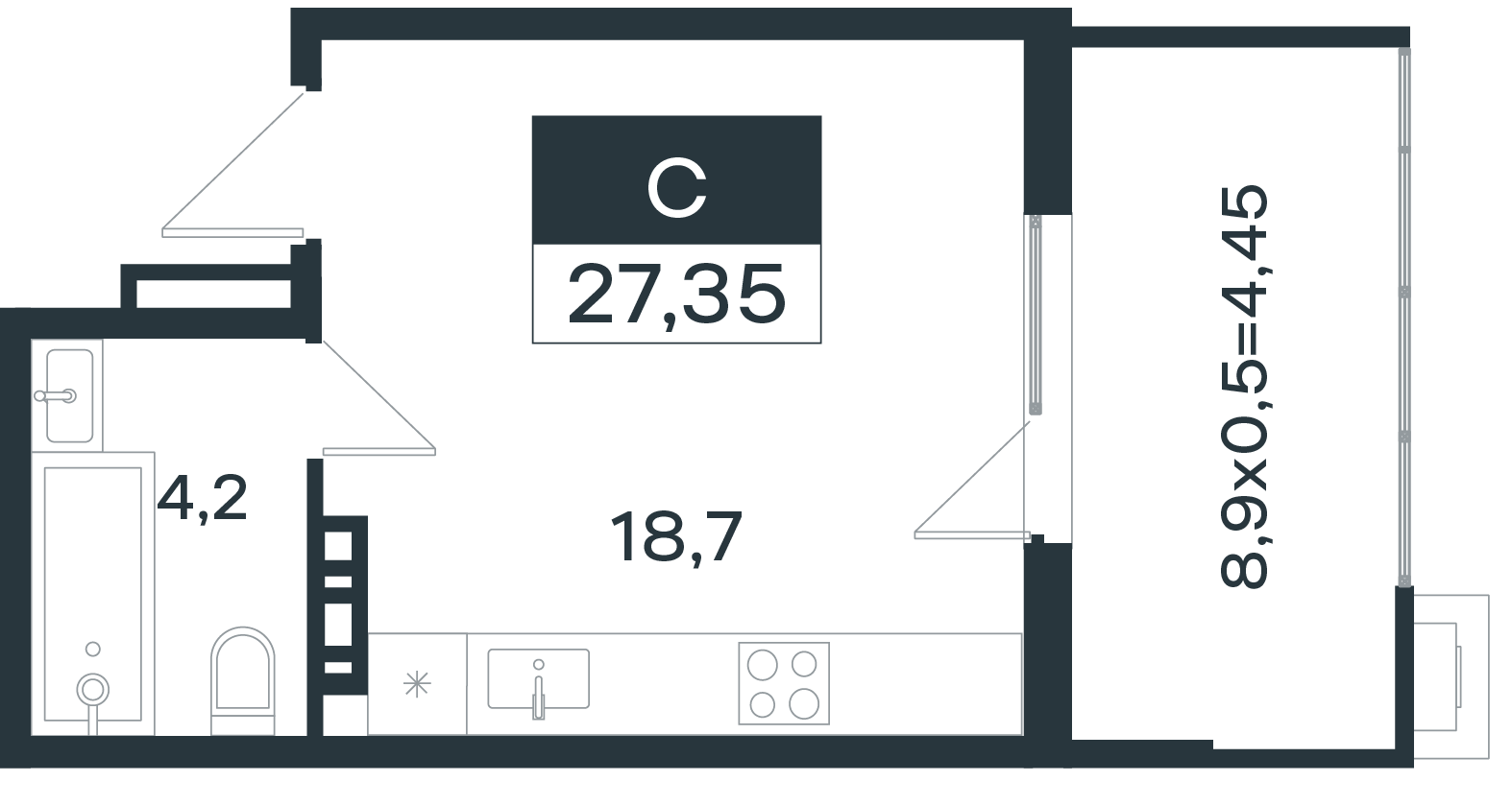 Планировка: Студия 27,4 м²