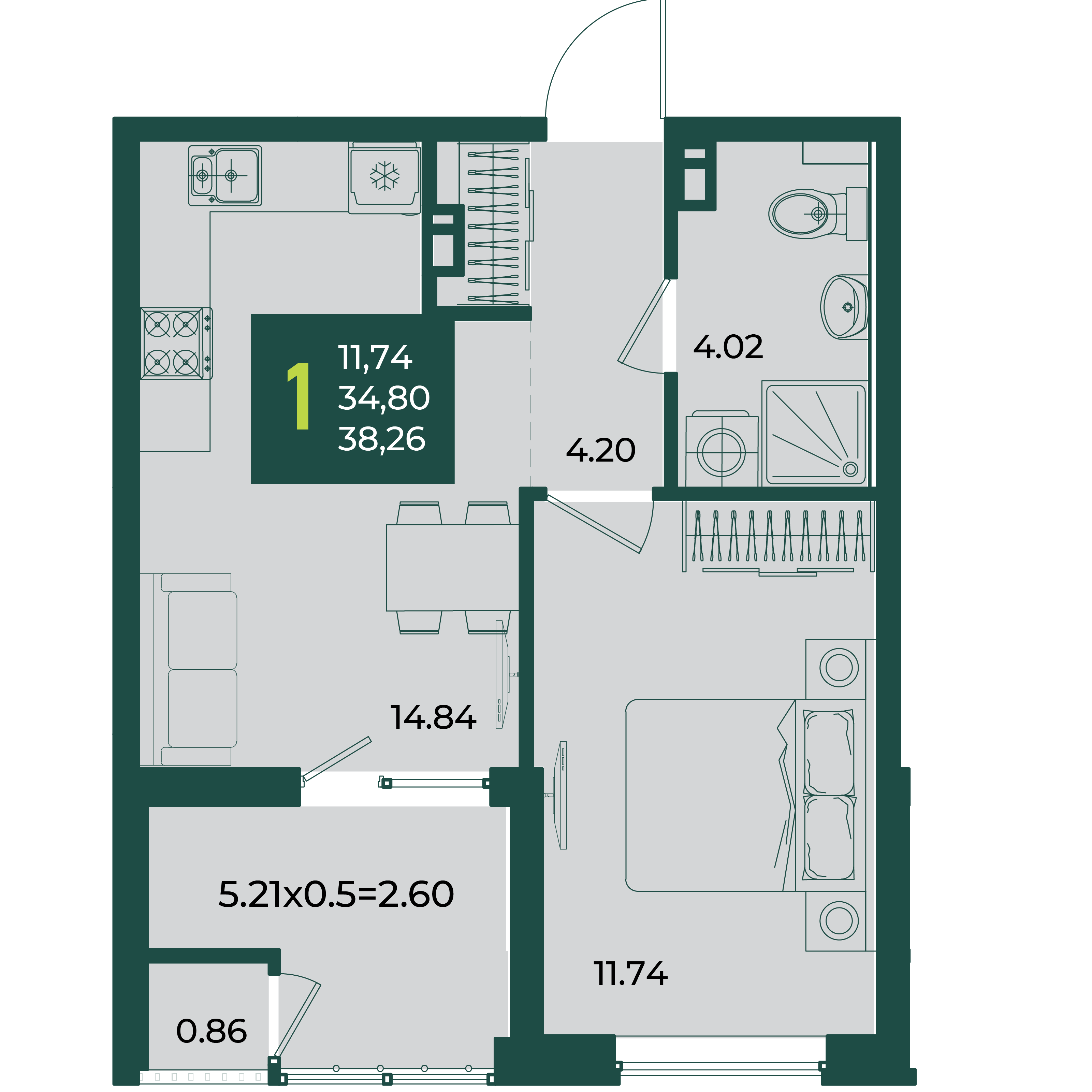 Планировка: 1-комн. квартира 38,3 м²