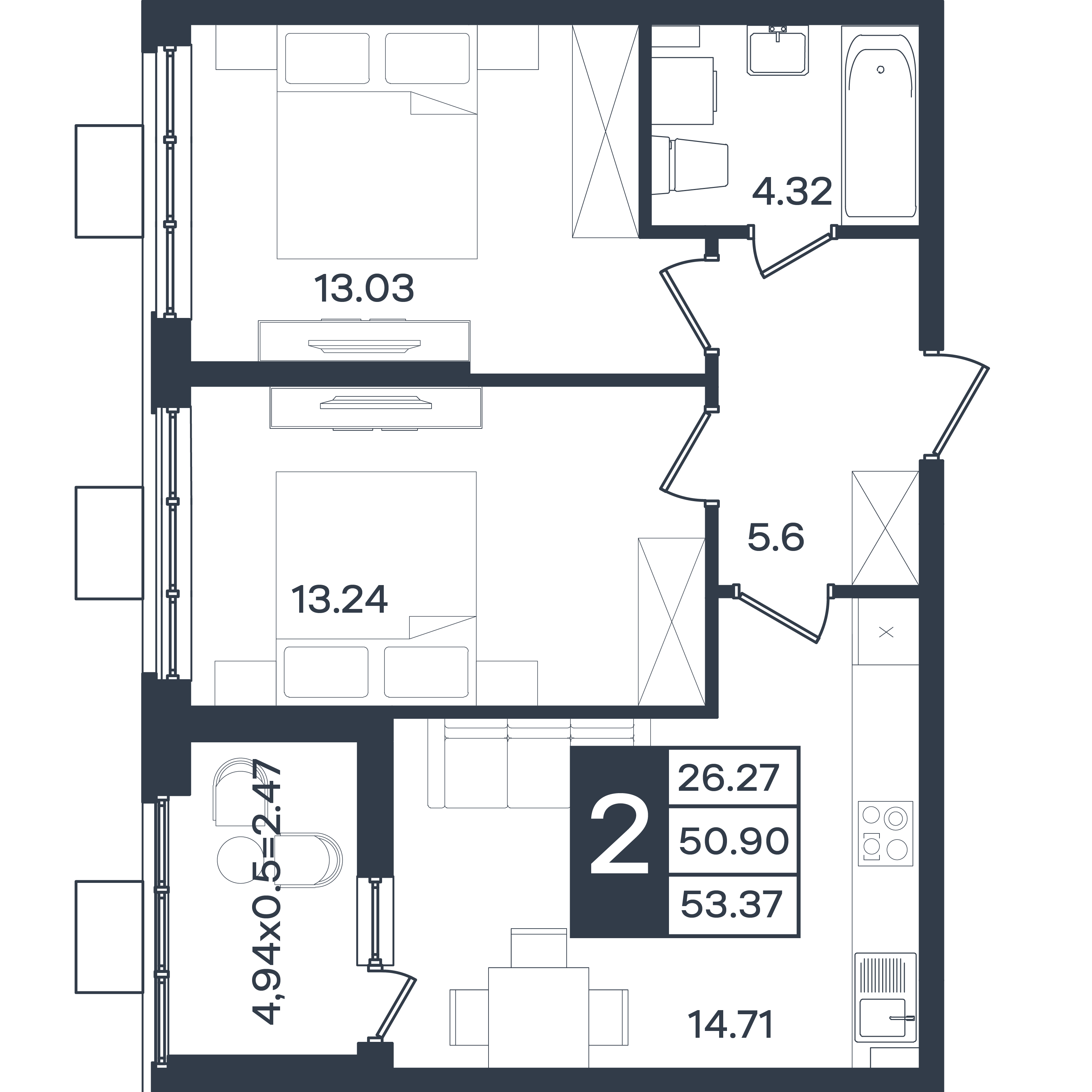 Планировка: 2-комн. квартира 53,4 м²