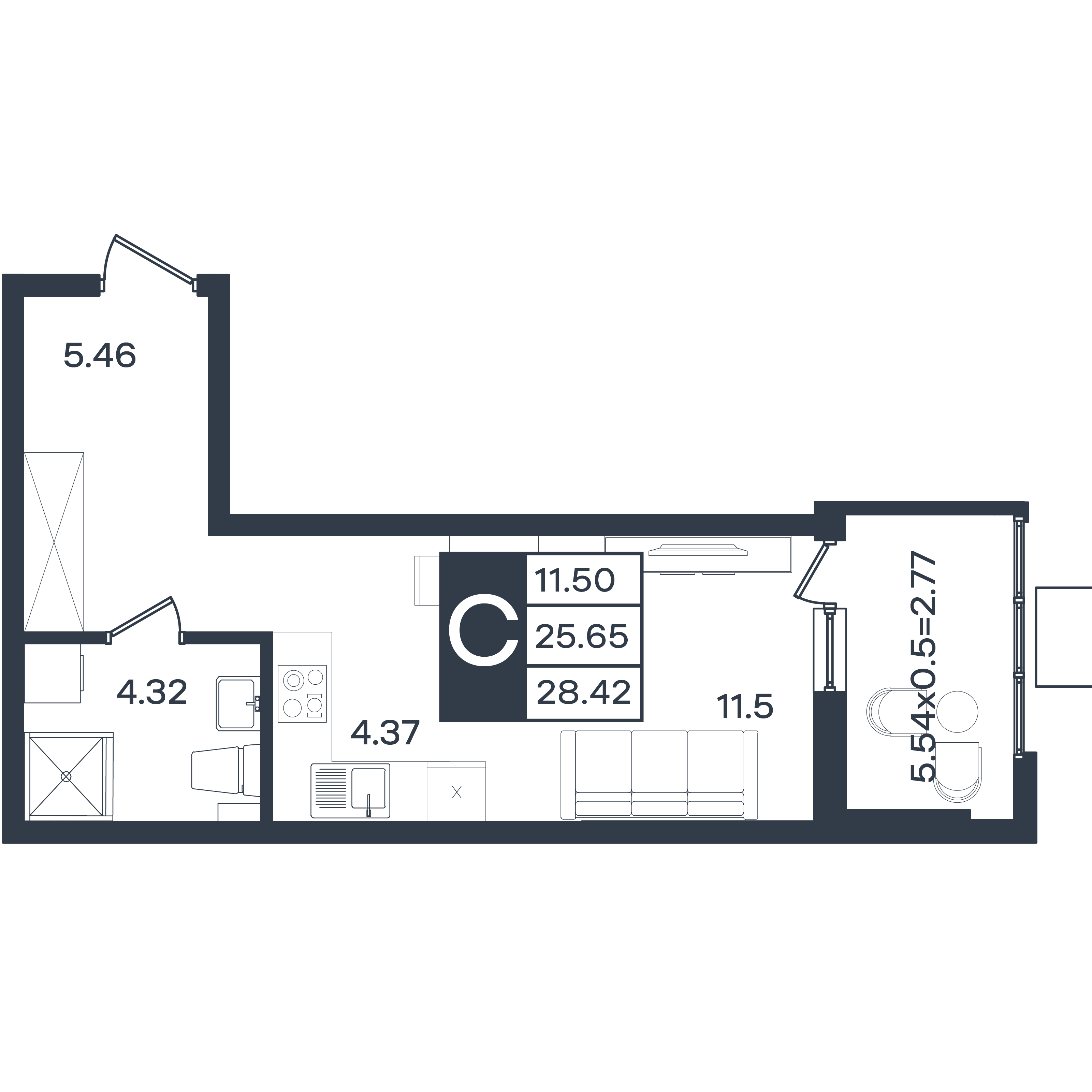 Планировка: Студия 28,4 м²