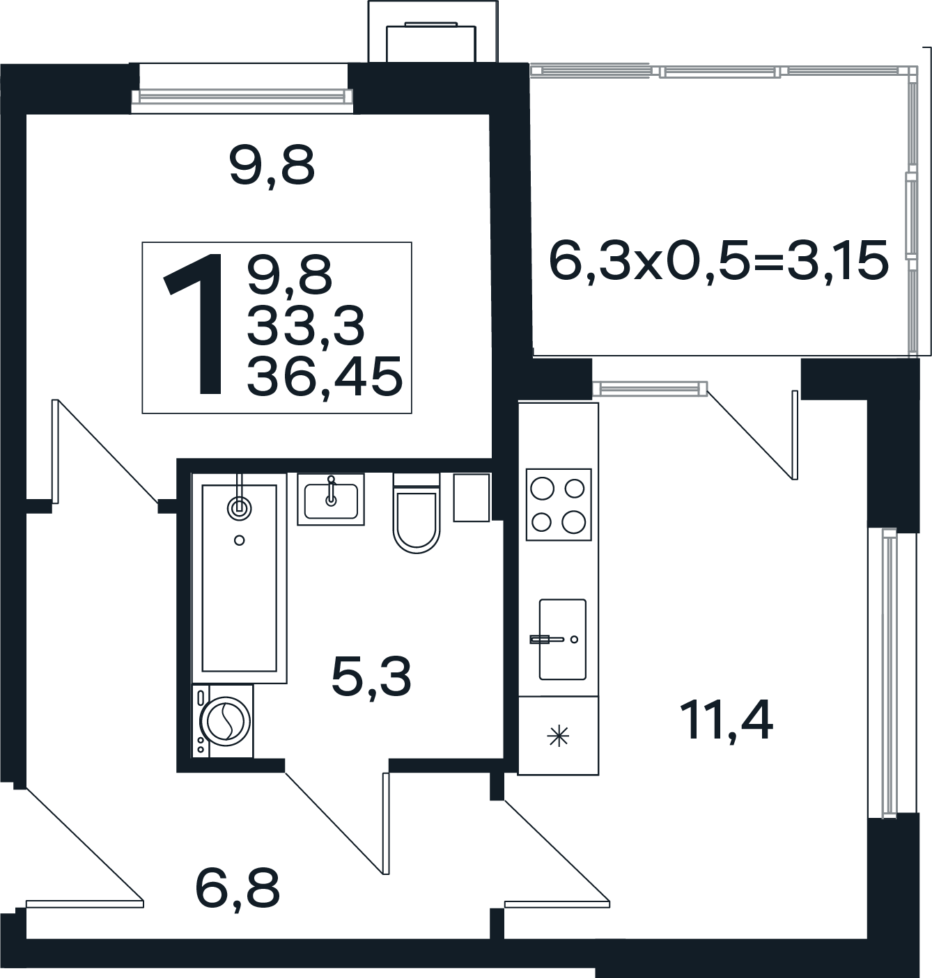 Планировка 1-комнатная 36,45 м²