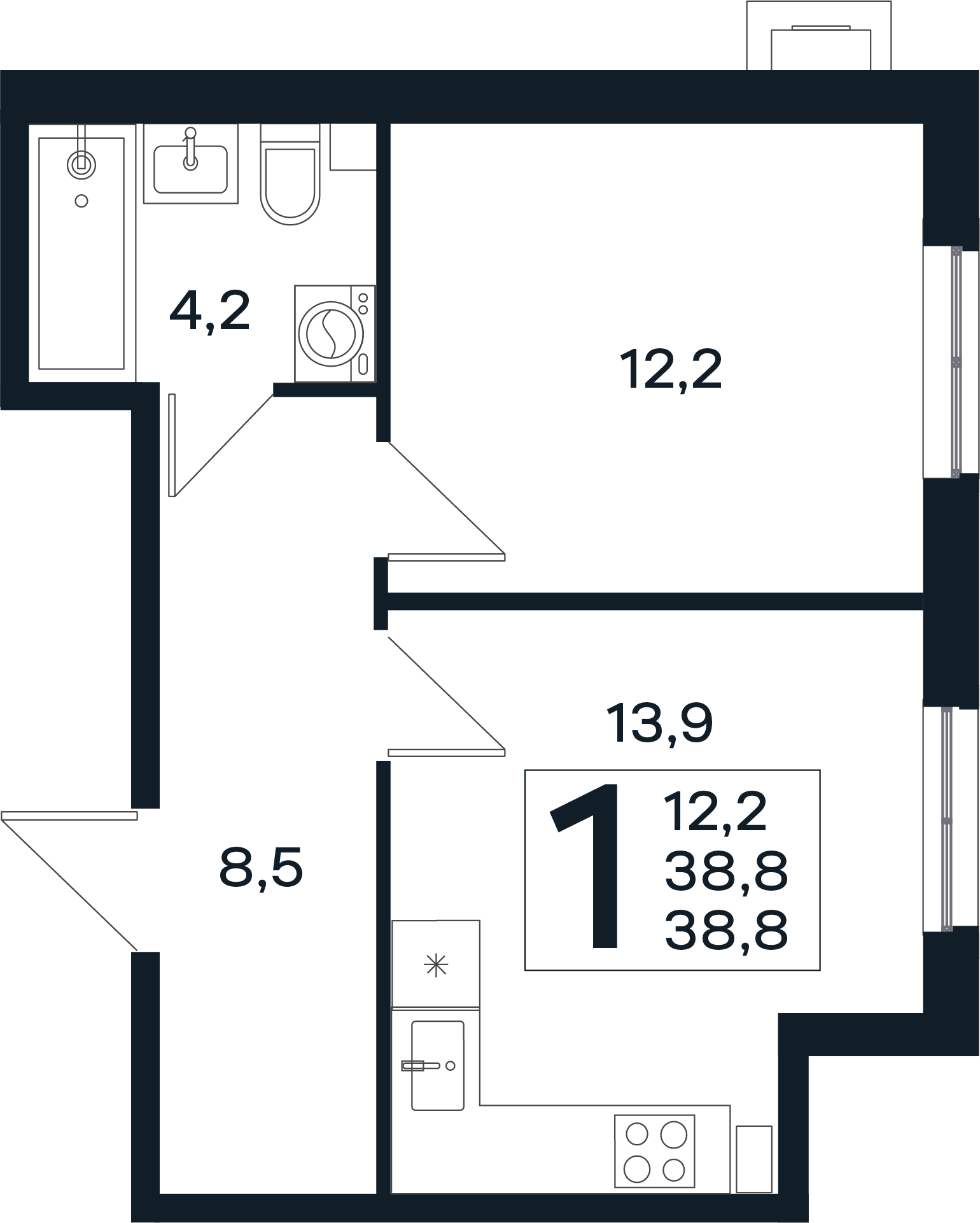Планировка 1-комнатная 38,8 м²
