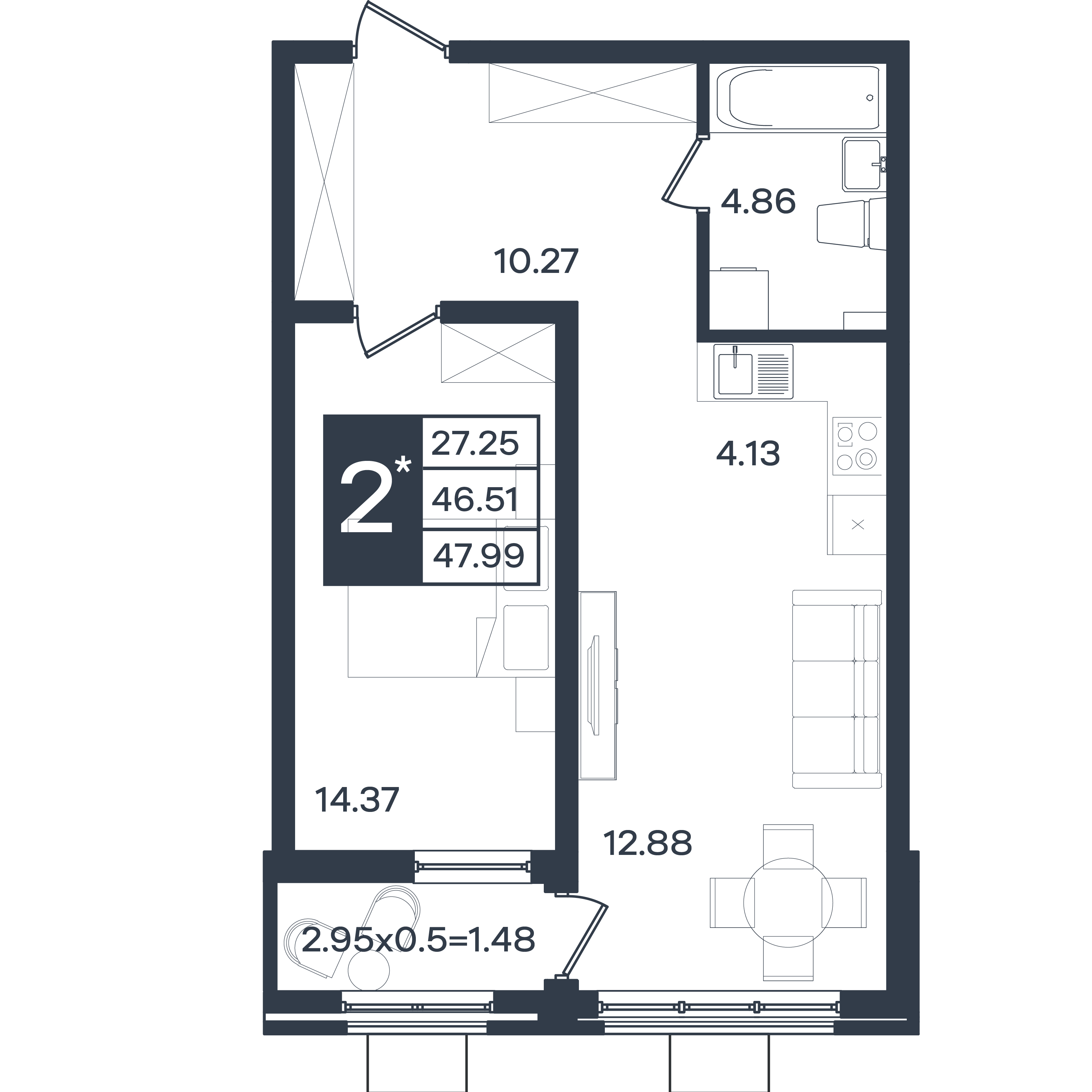 Планировка: 2-комн. квартира 48 м²