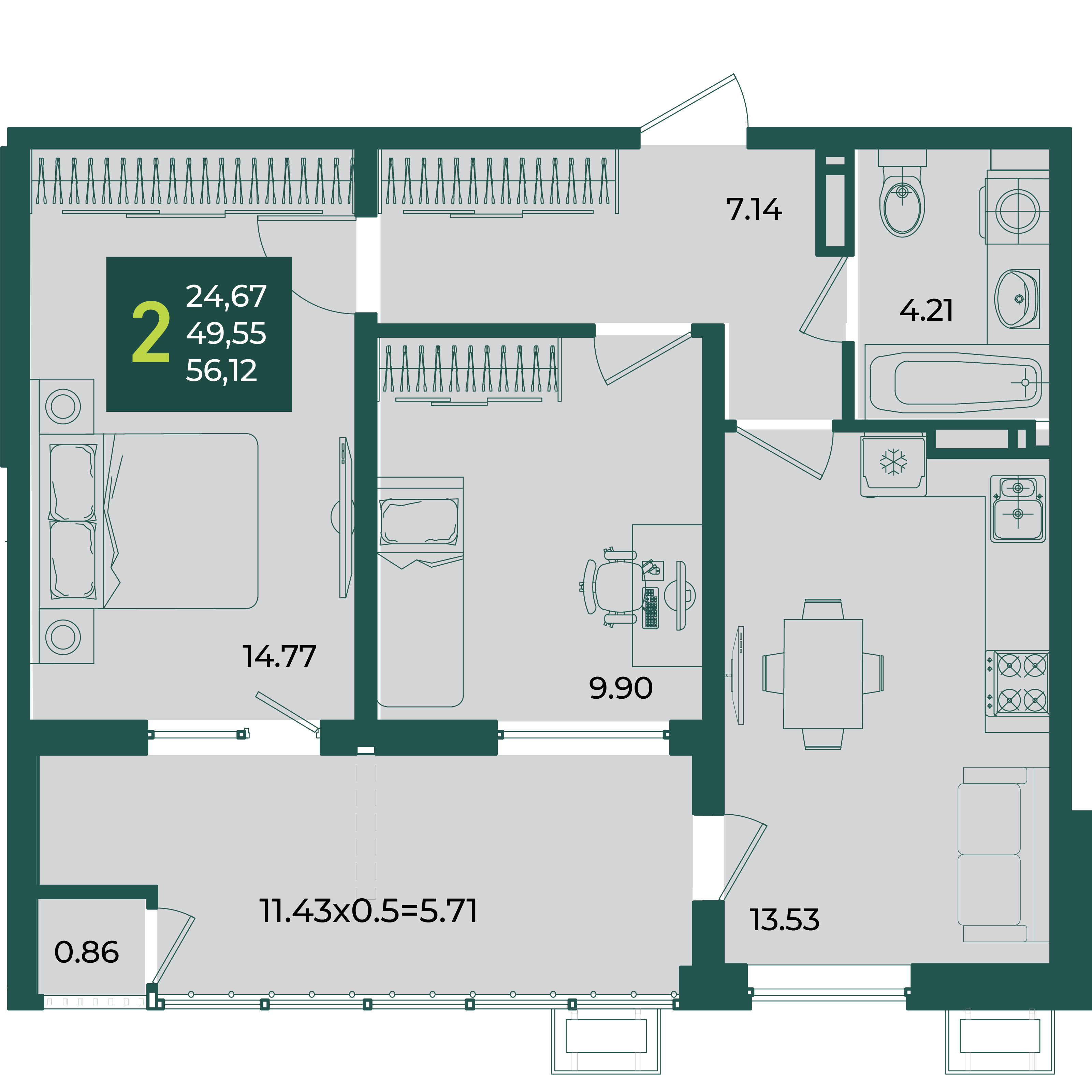 Планировка 2-комнатная 56,12 м²