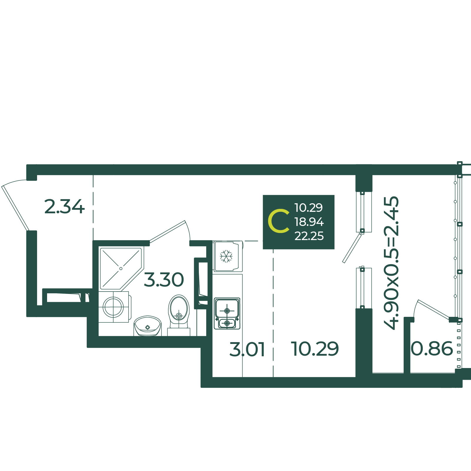 Планировка: Студия 22,3 м²
