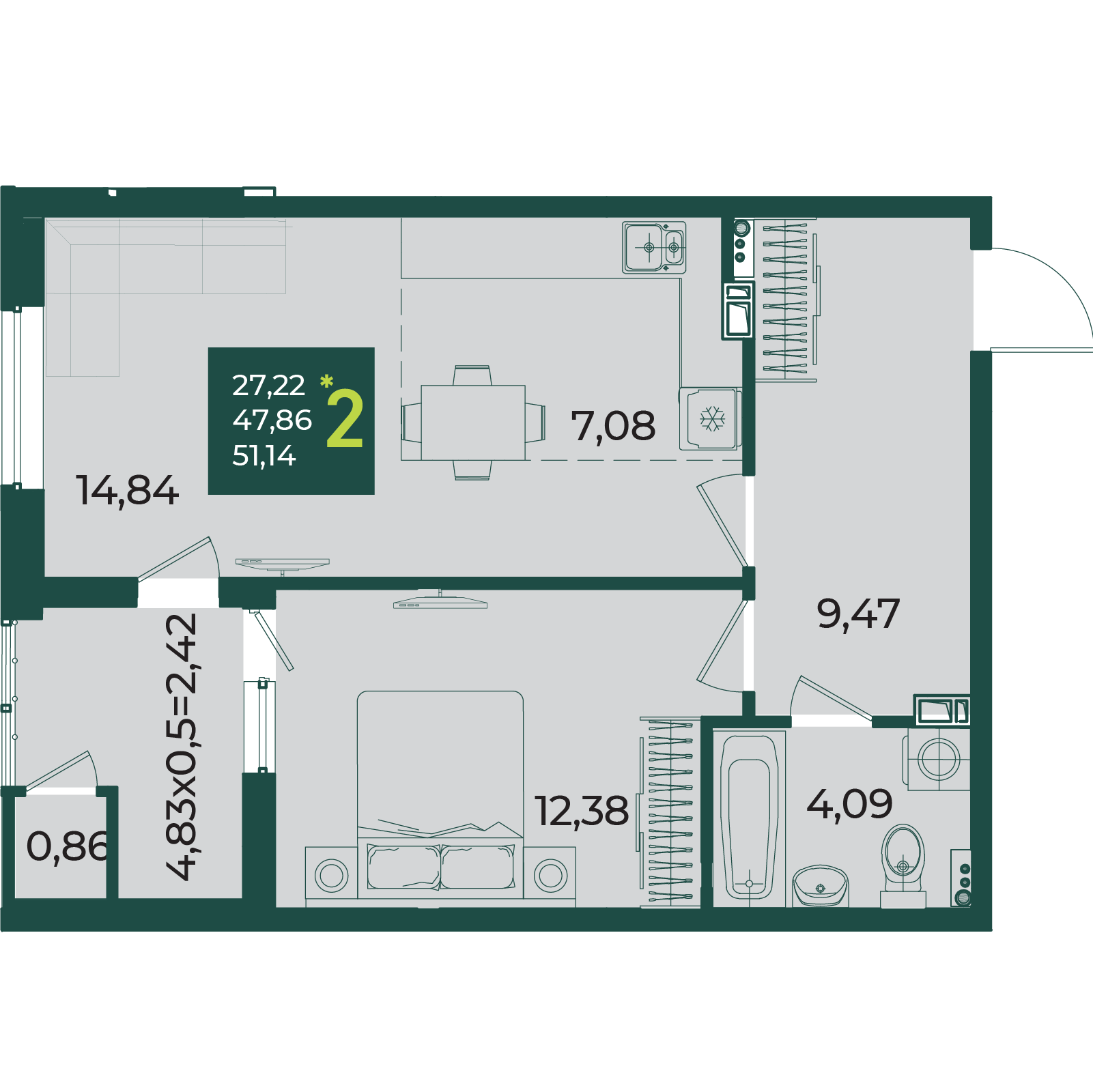 Планировка: 2-комн. квартира 51,1 м²