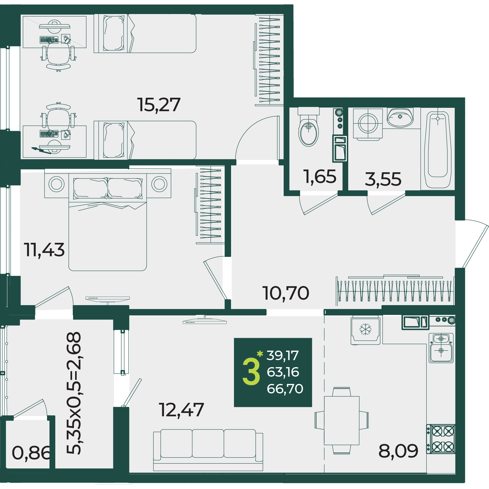 Планировка: 3-комн. квартира 66,7 м²