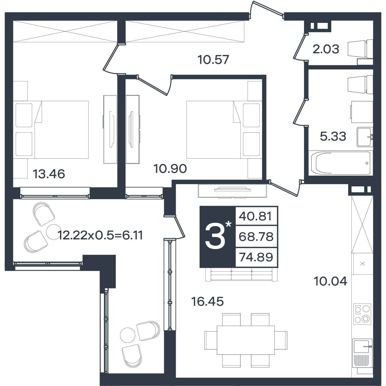 Планировка 3-комнатная 74,89 м²