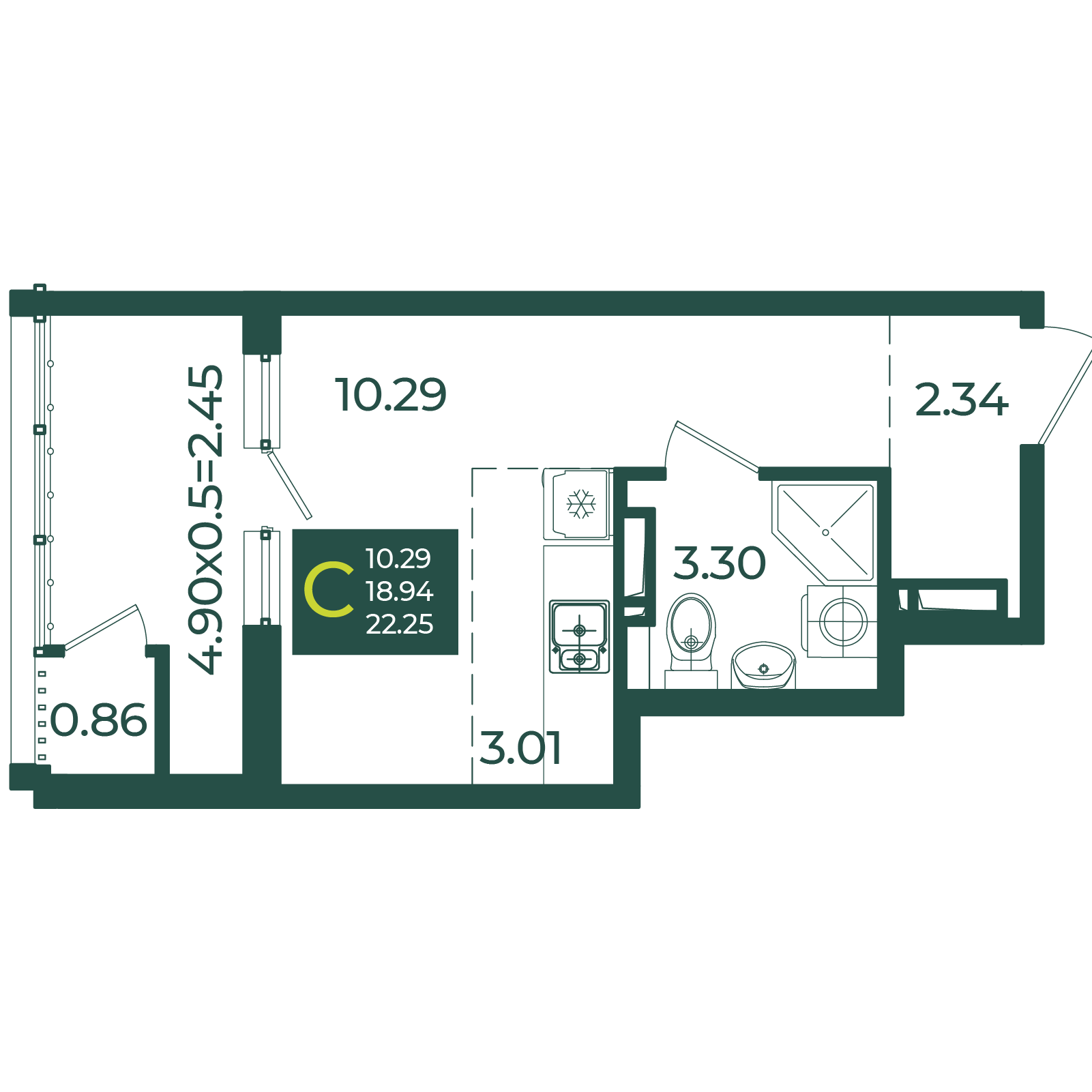 Планировка: Студия 22,3 м²