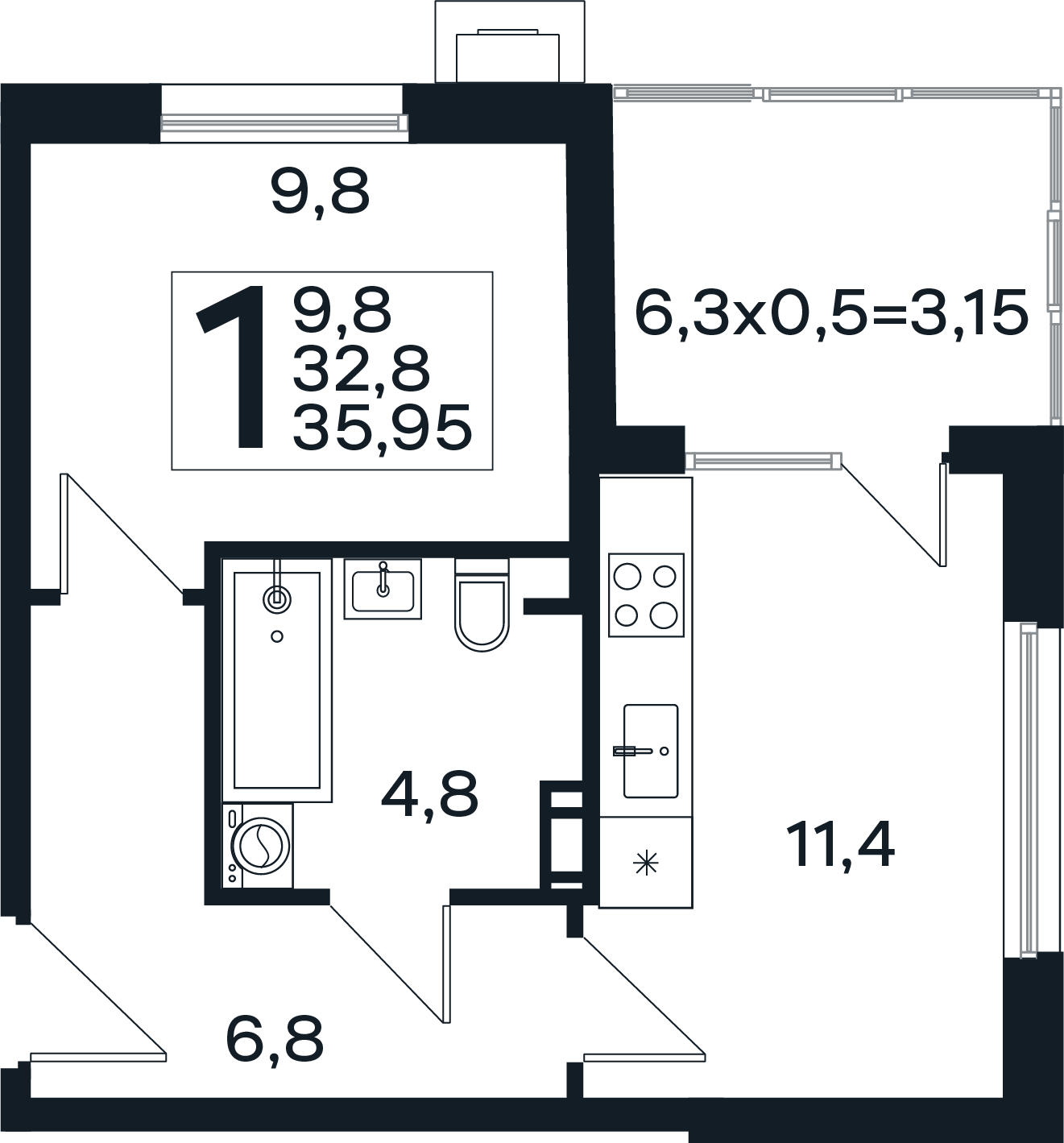 Планировка 1-комнатная 35,95 м²
