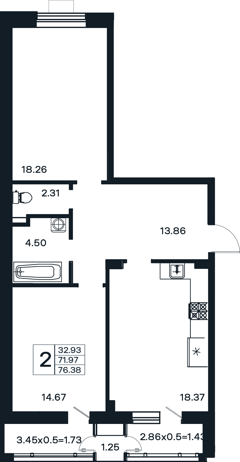 Планировка 2-комнатная 76,38 м²