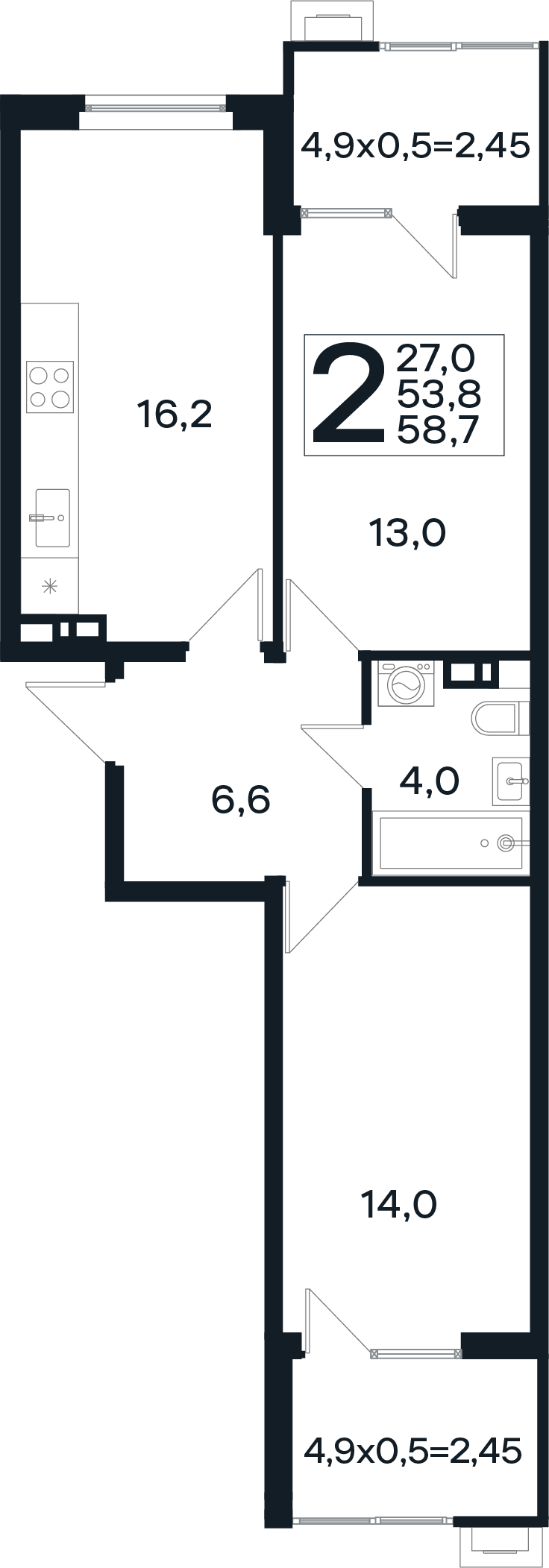 Планировка 2-комнатная 58,7 м²