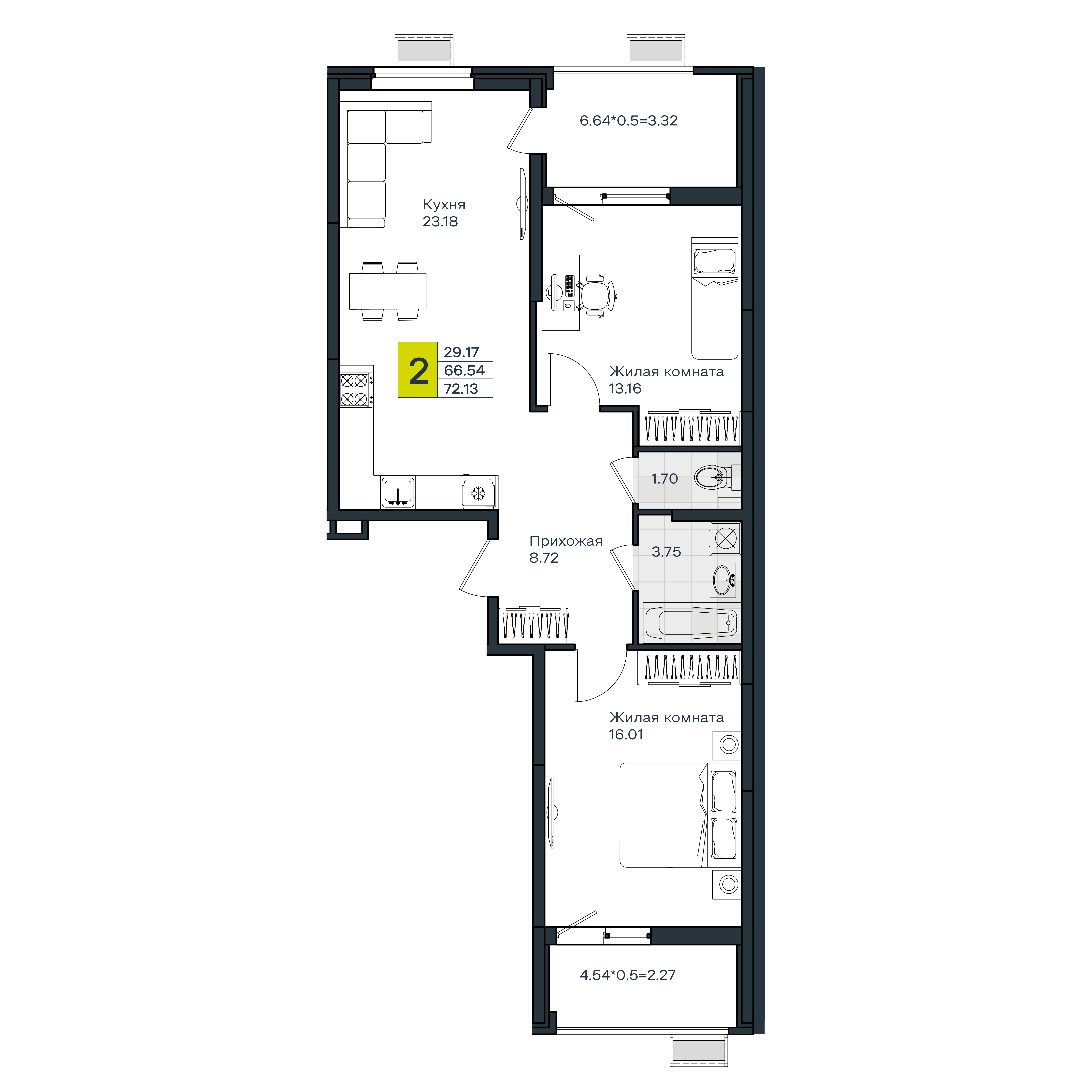 Планировка 2-комнатная 72,13 м²