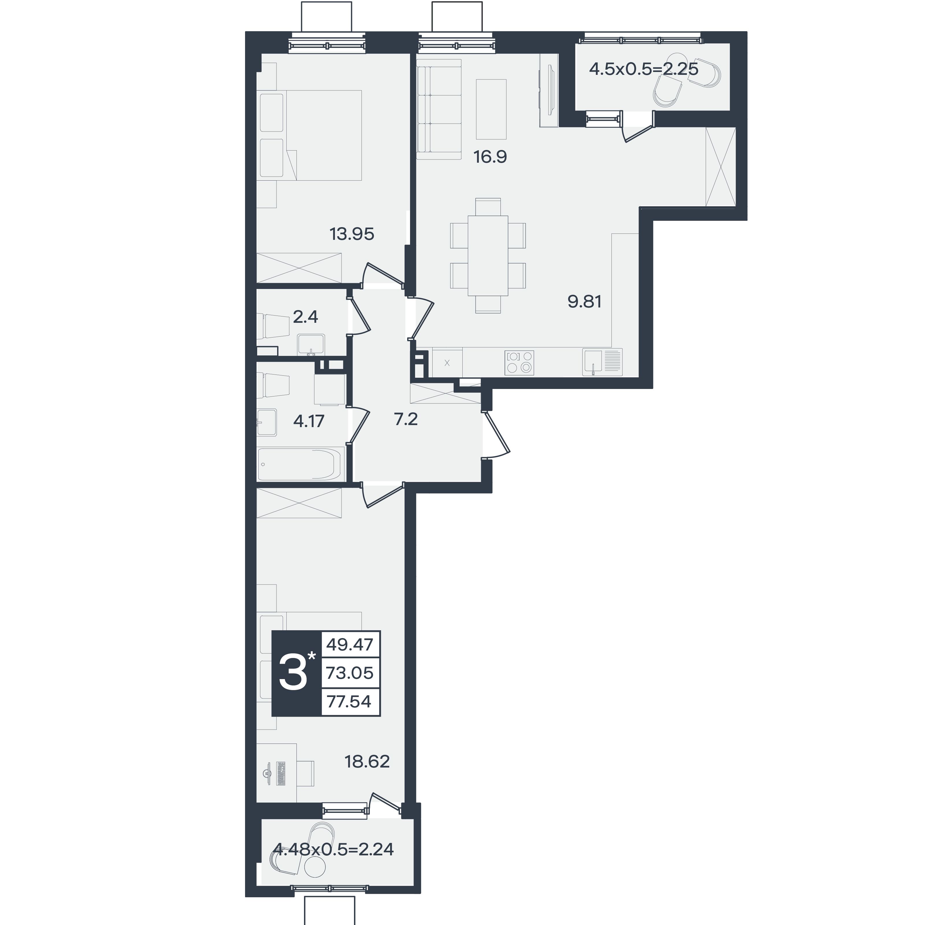 Планировка: 3-комн. квартира 77,5 м²