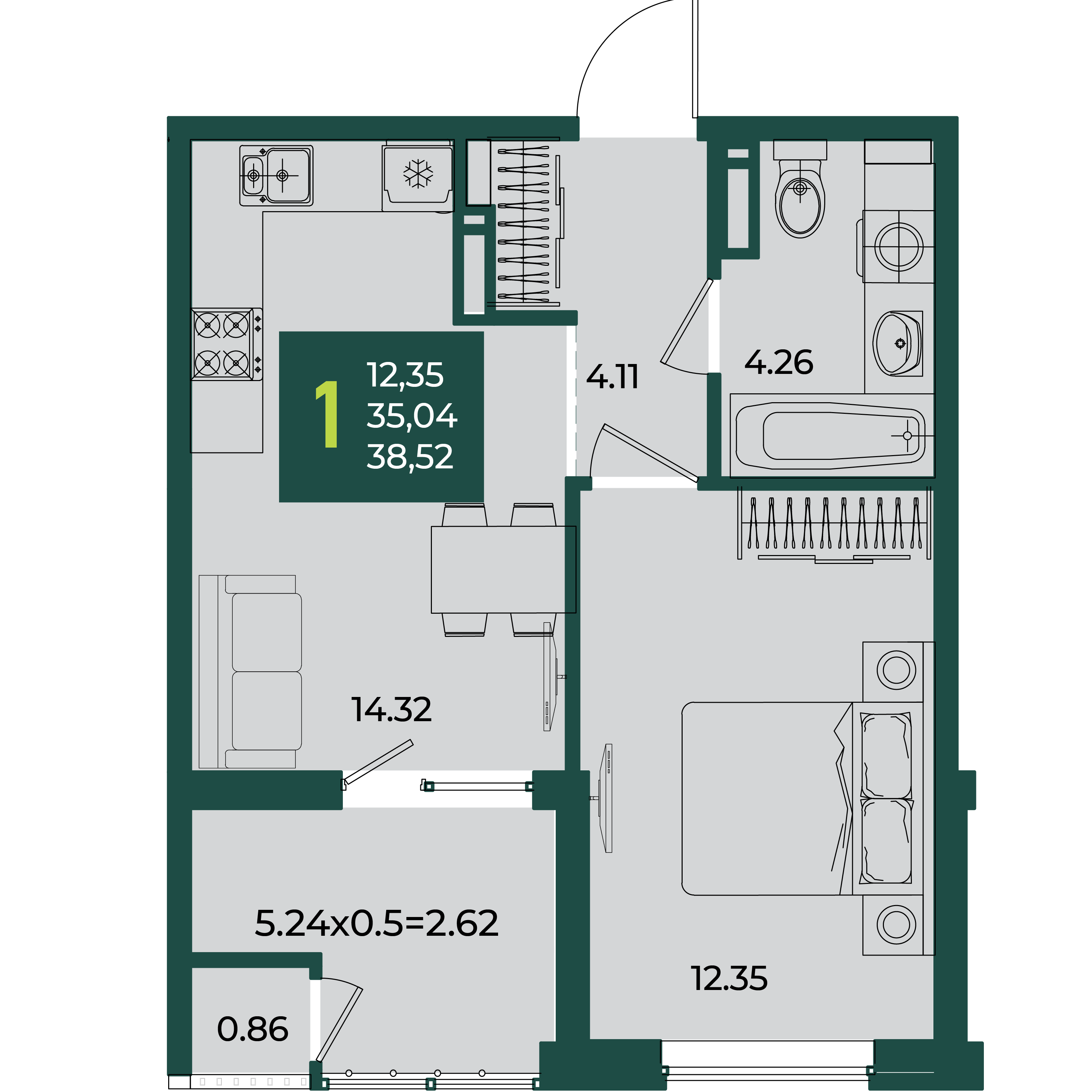 Планировка: 1-комн. квартира 38,5 м²