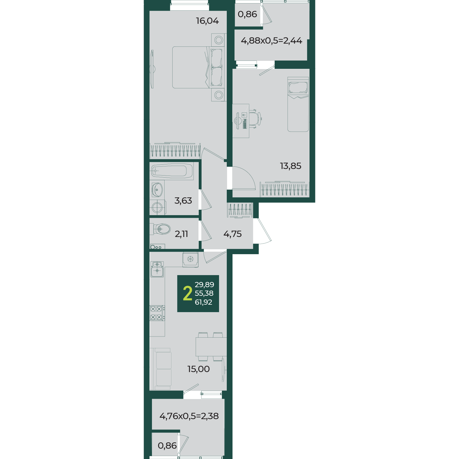 Планировка 2-комнатная 61,92 м²