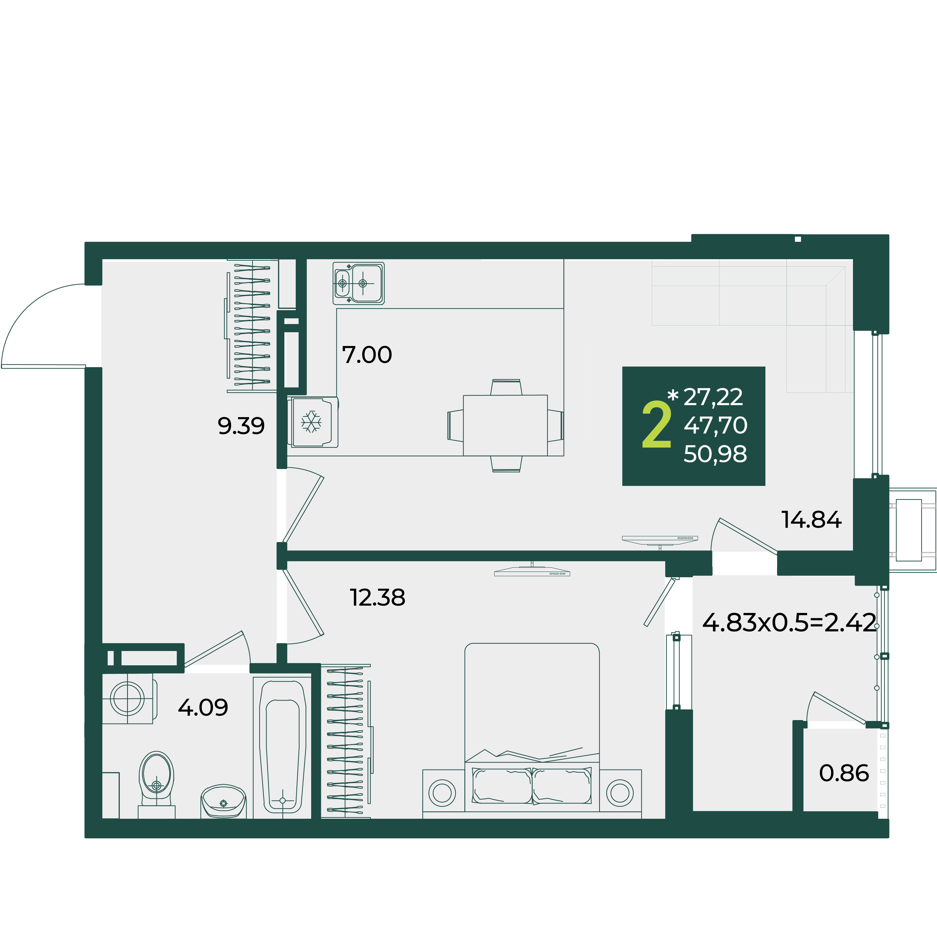 Планировка 2-комнатная 50,98 м²