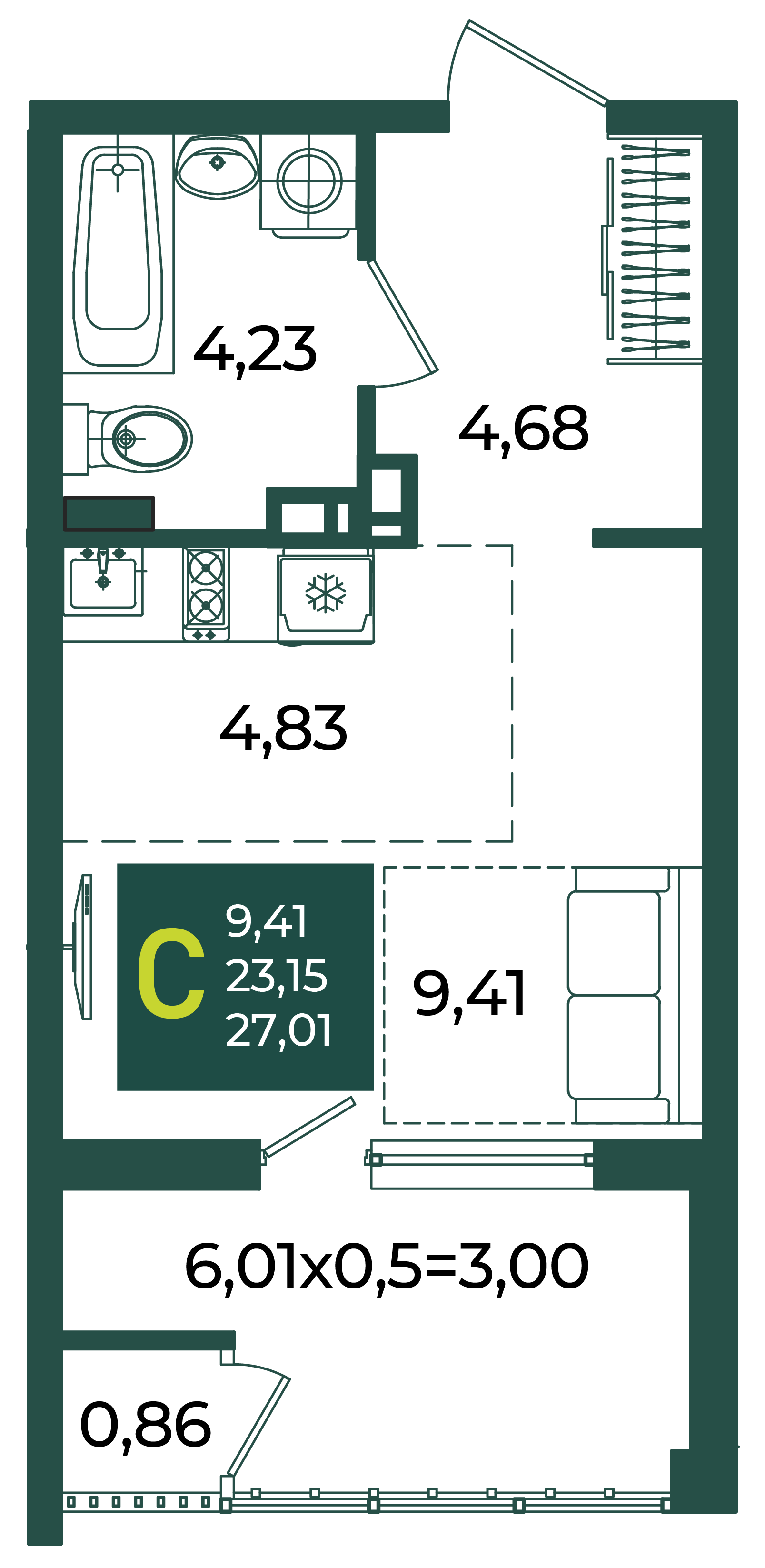 Планировка: Студия 27 м²