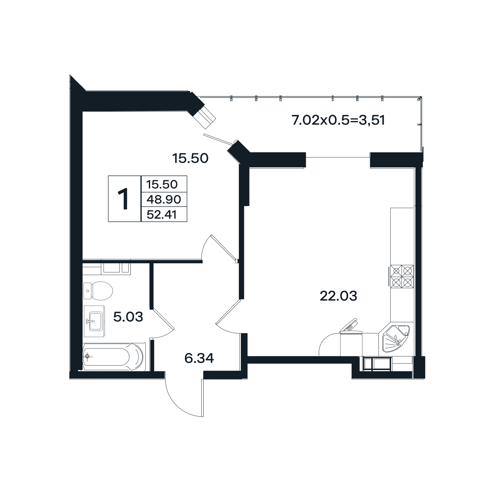 Планировка 1-комнатная 52,41 м²