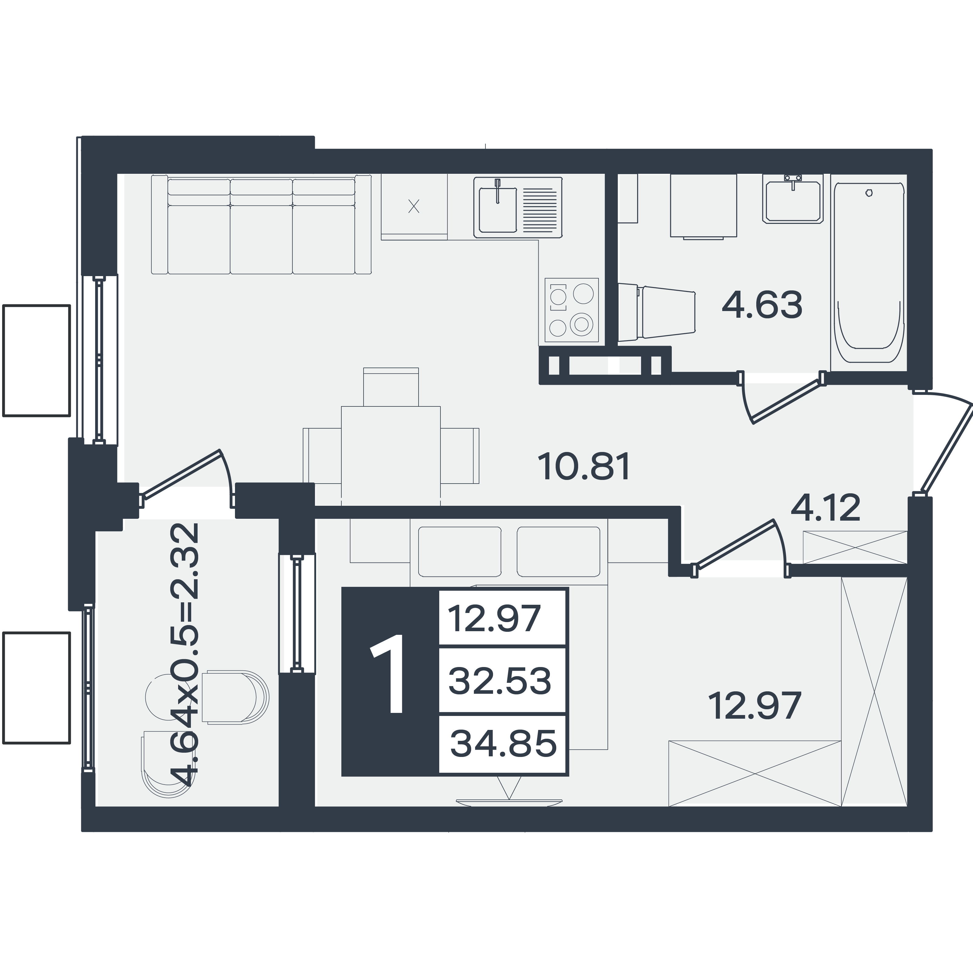 Планировка 1-комнатная 34,85 м²