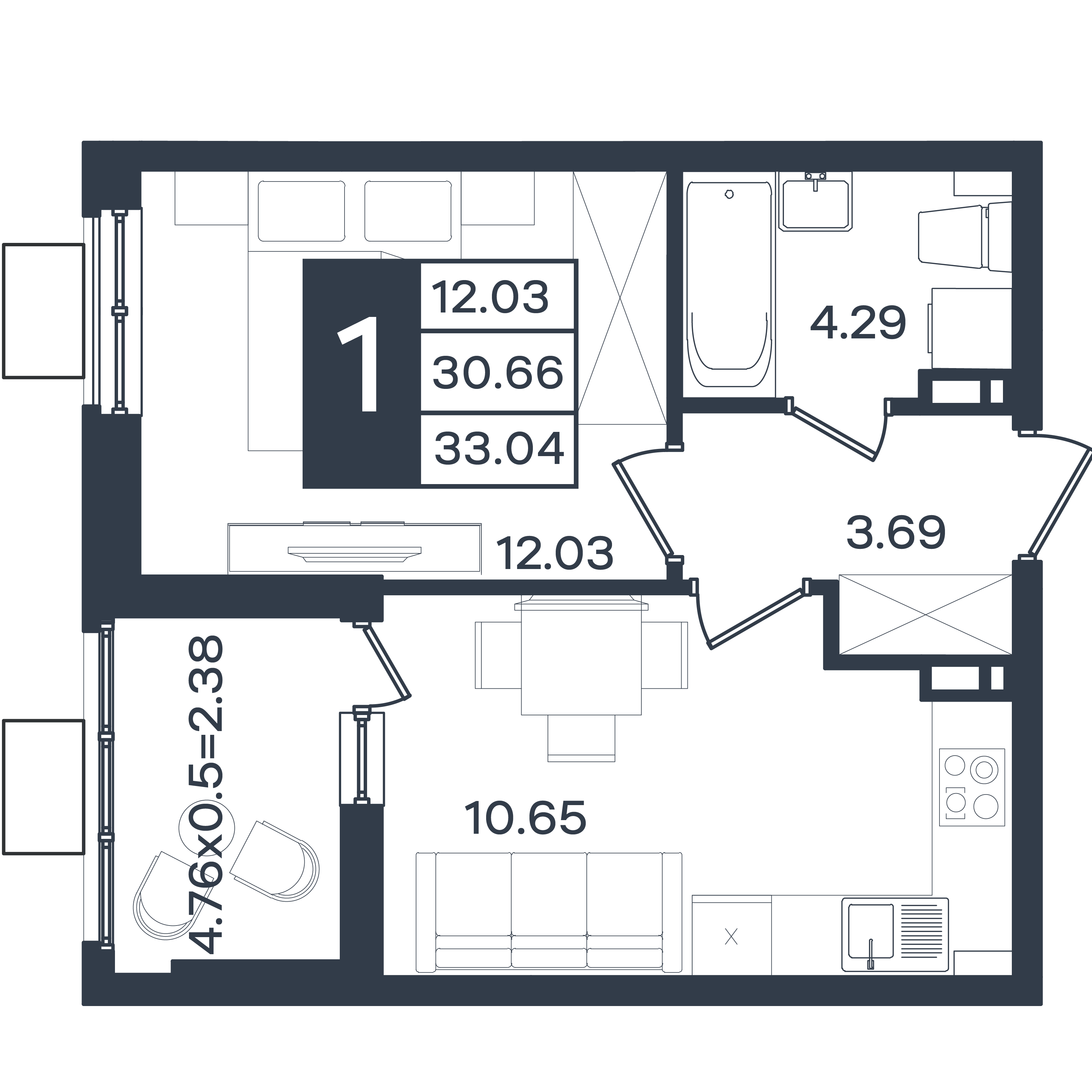 Планировка: 1-комн. квартира 33 м²