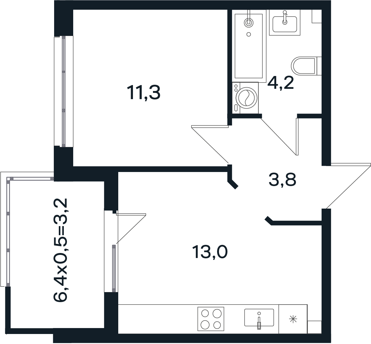 Планировка 1-комнатная 35,5 м²