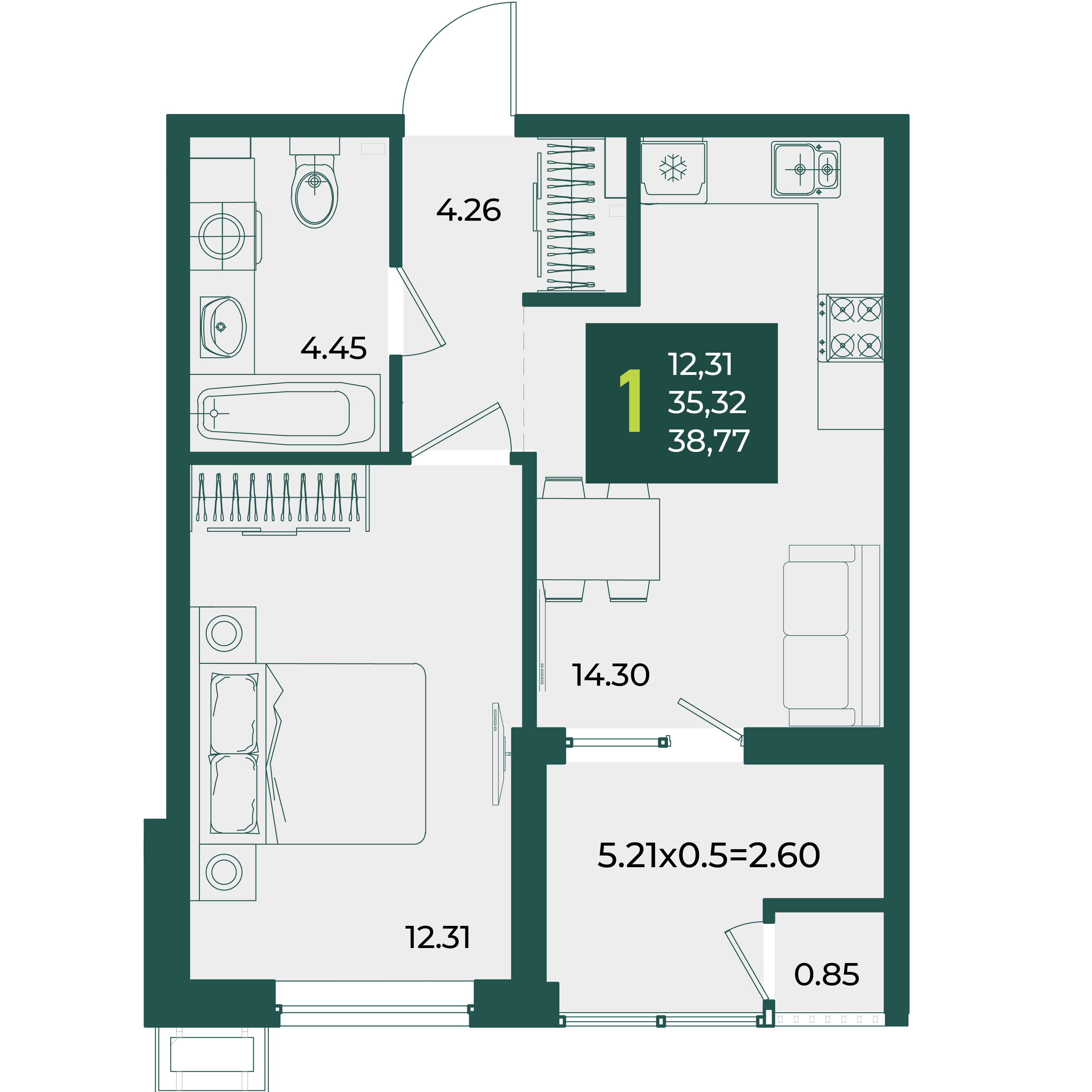 Планировка: 1-комн. квартира 38,8 м²