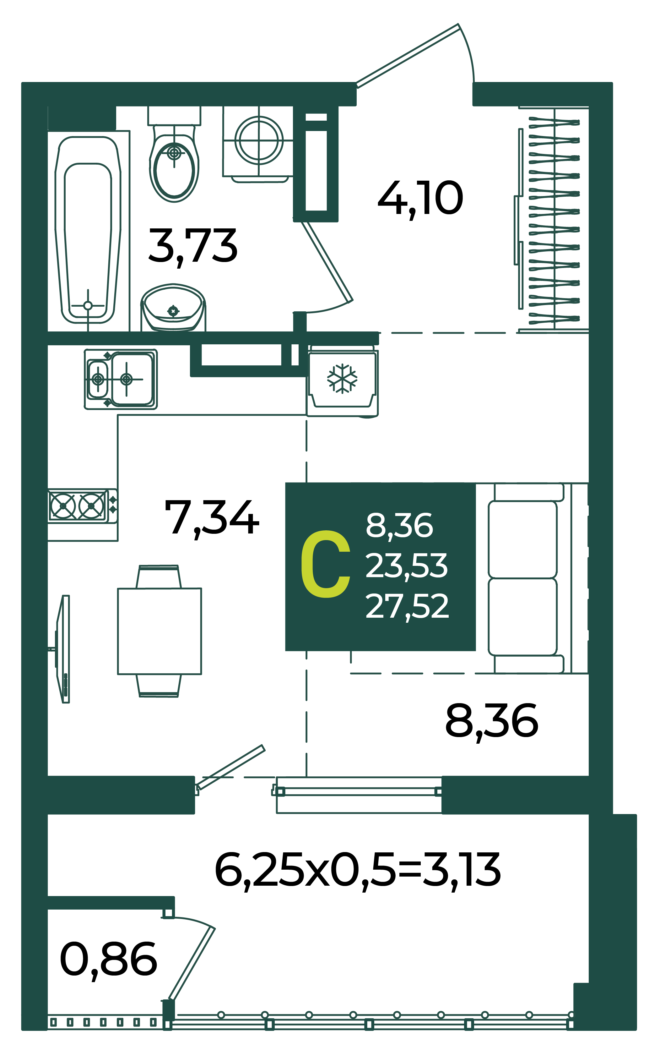 Планировка: Студия 27,5 м²