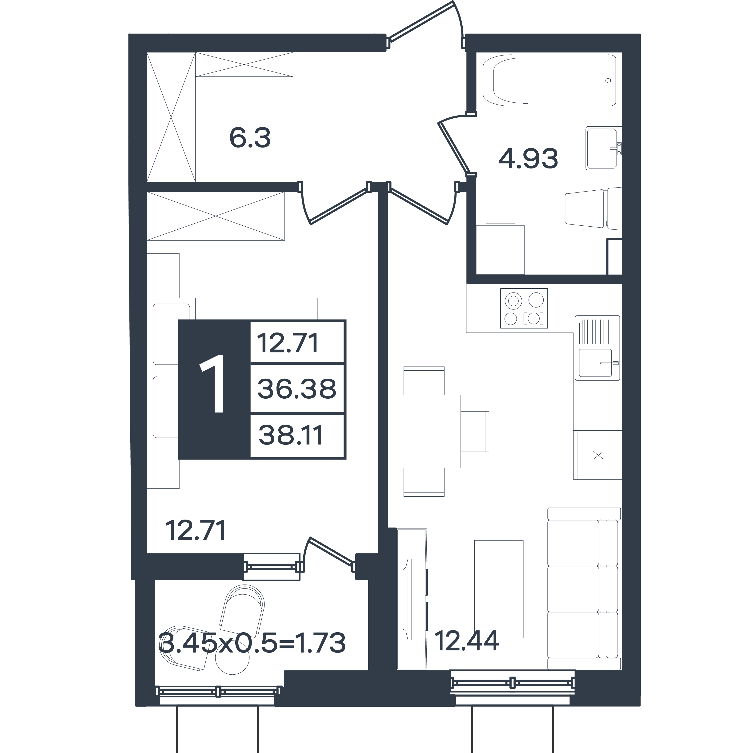 Планировка: 1-комн. квартира 38,1 м²