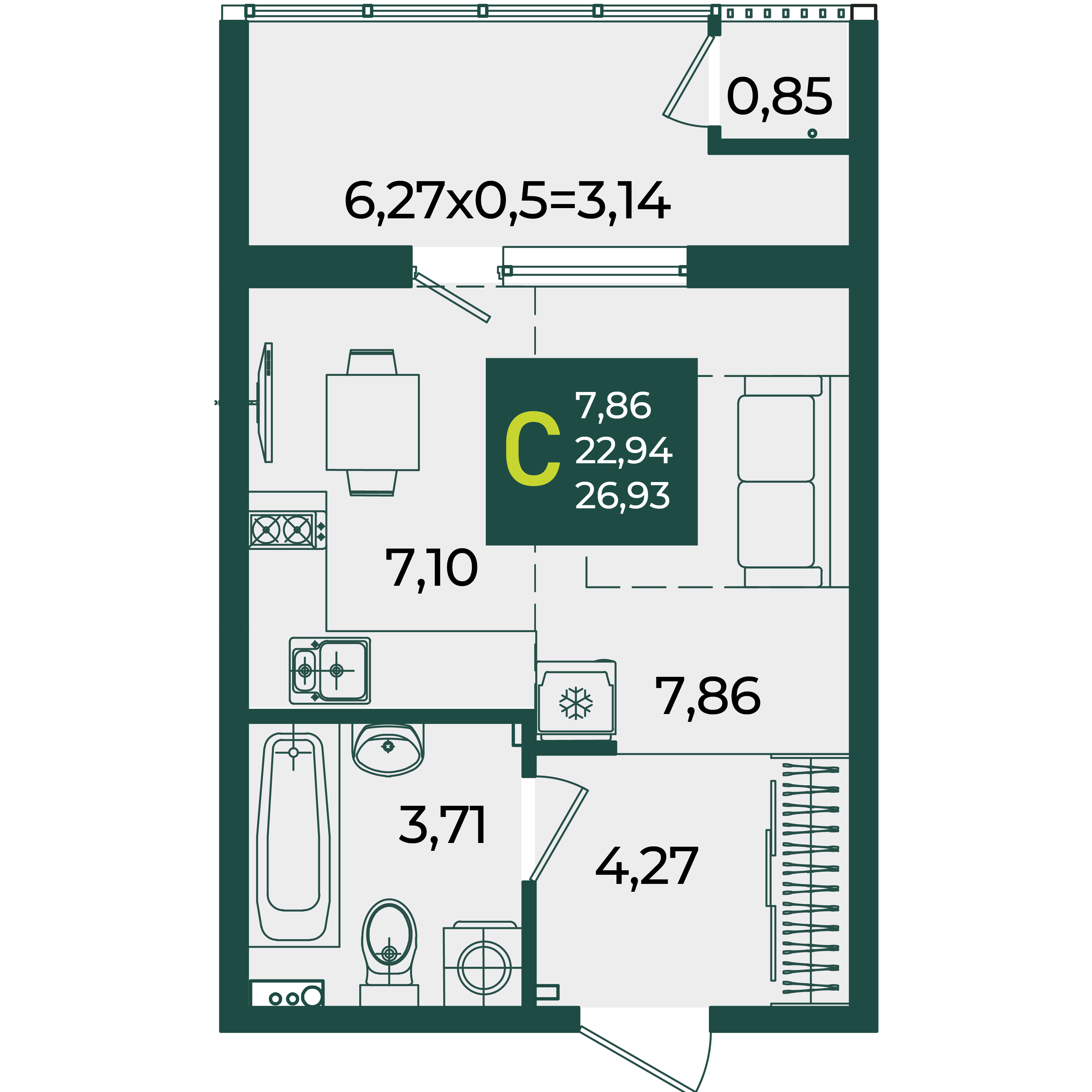Планировка: Студия 26,9 м²