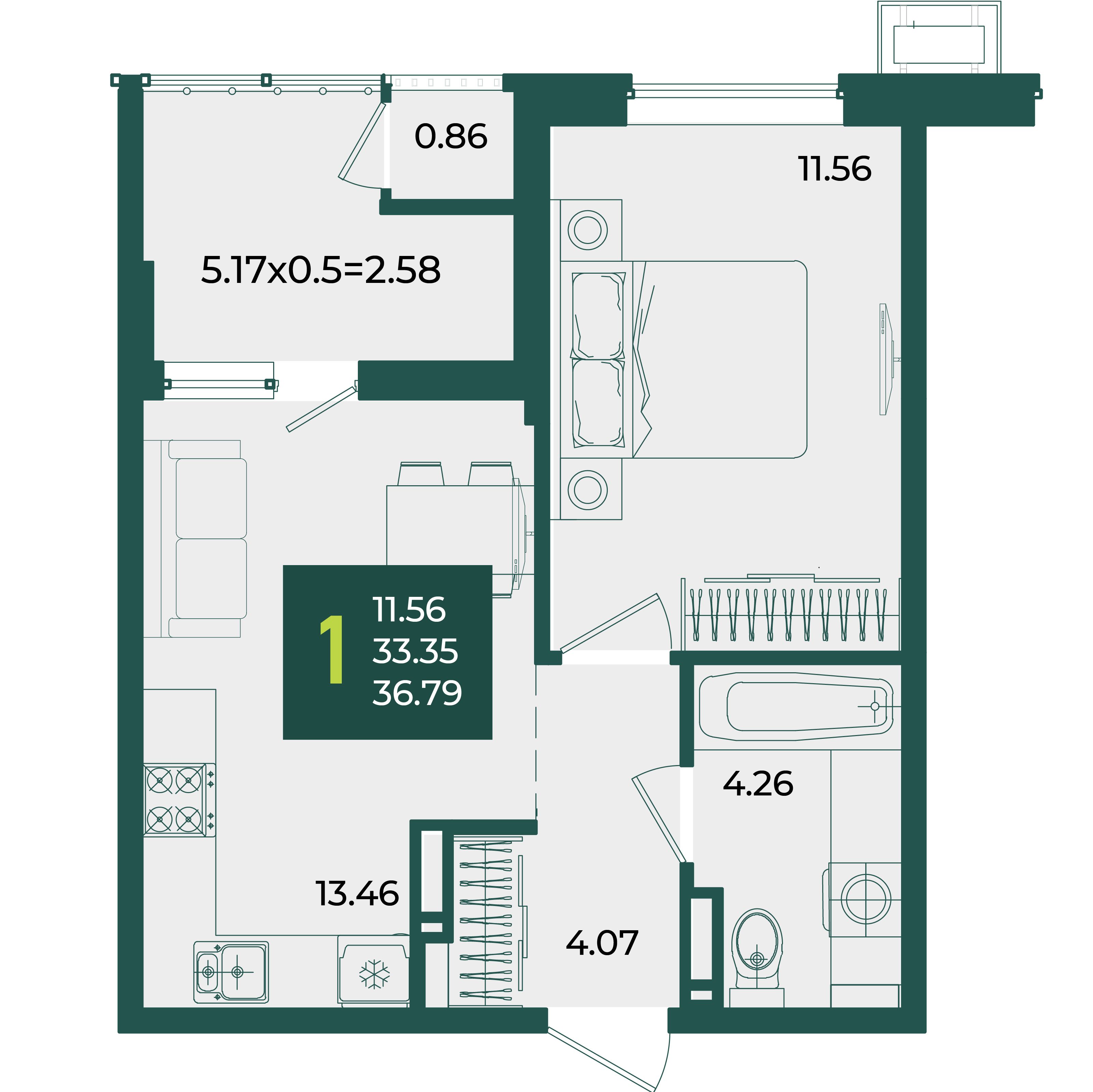 Планировка 1-комнатная 36,79 м²