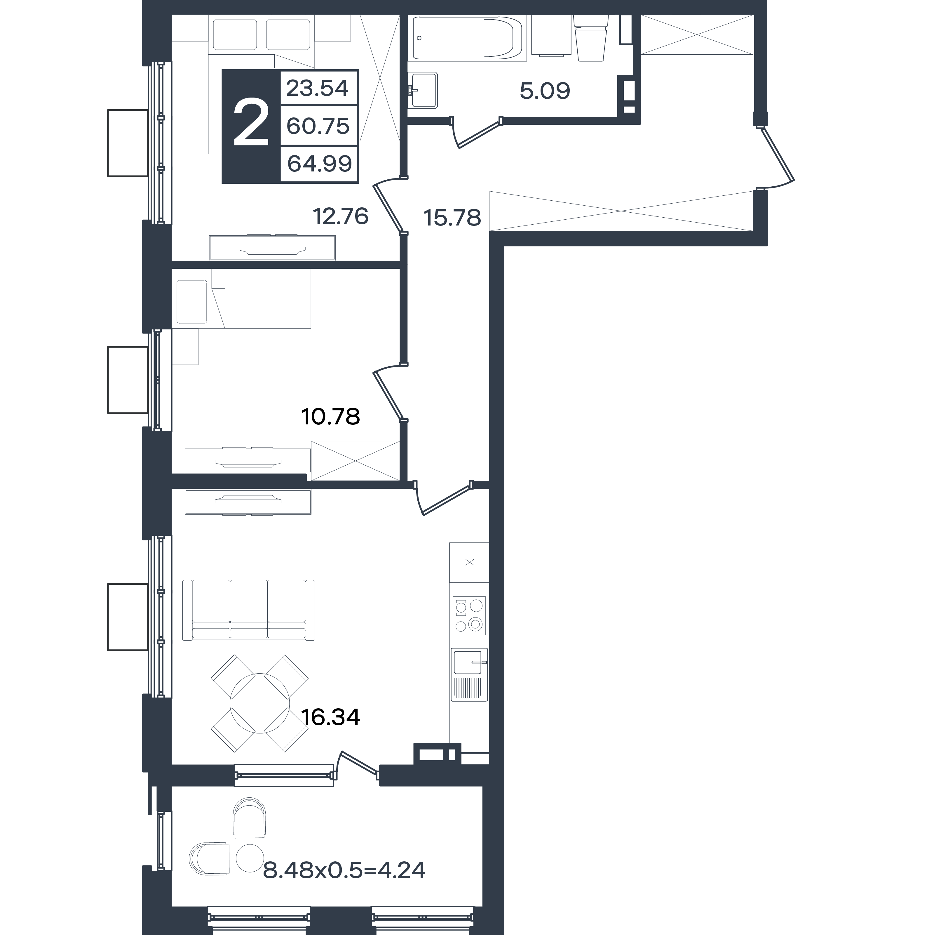 Планировка: 2-комн. квартира 65,4 м²