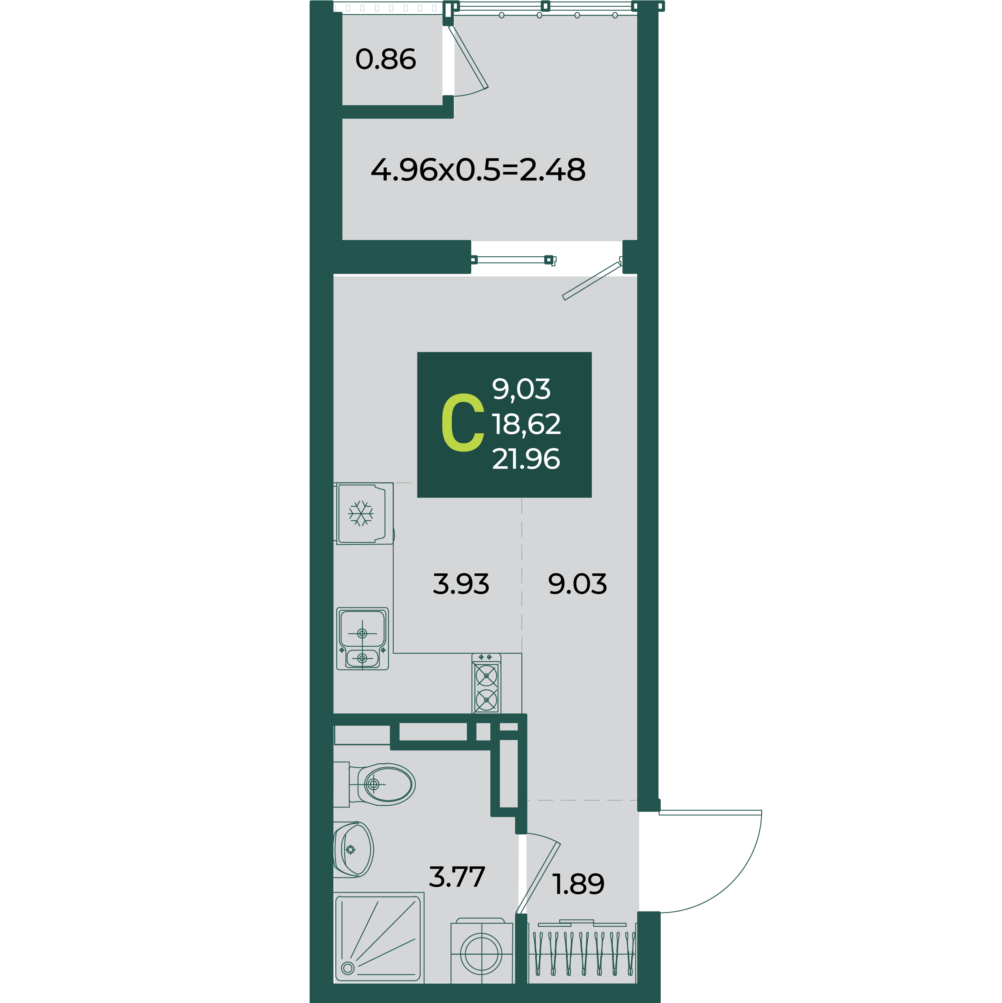 Планировка Студия 21,96 м²