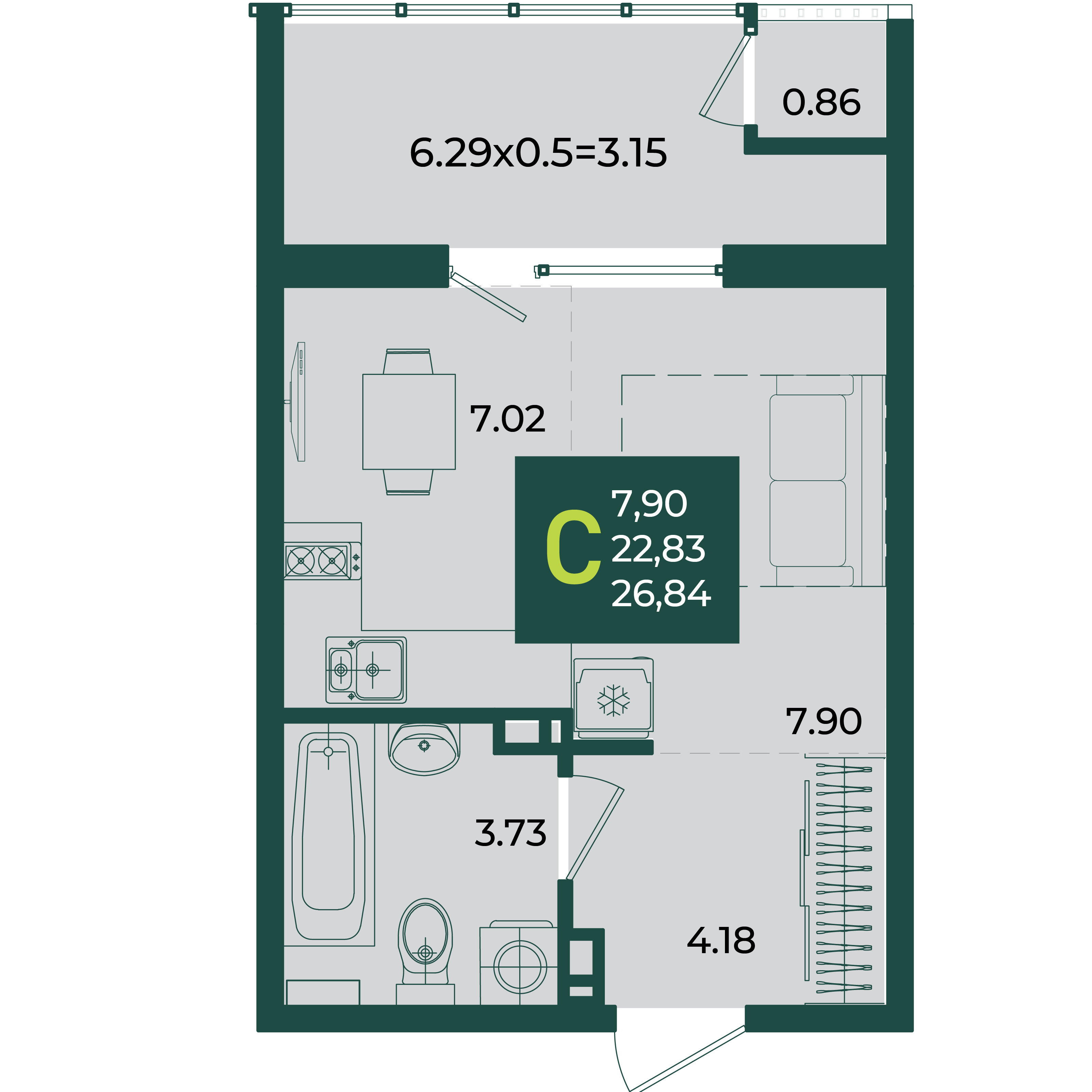 Планировка: Студия 26,8 м²