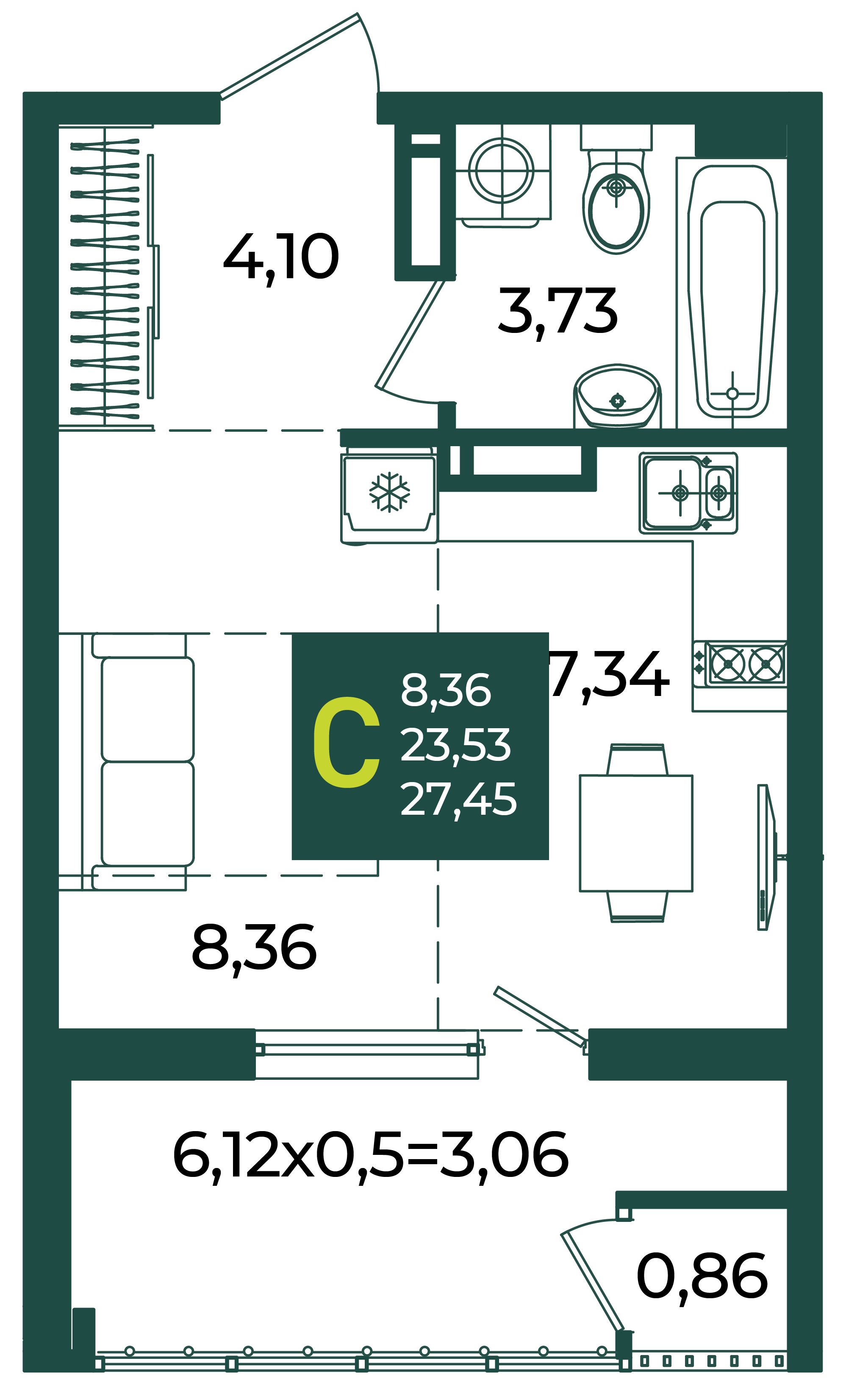 Планировка: Студия 27,5 м²