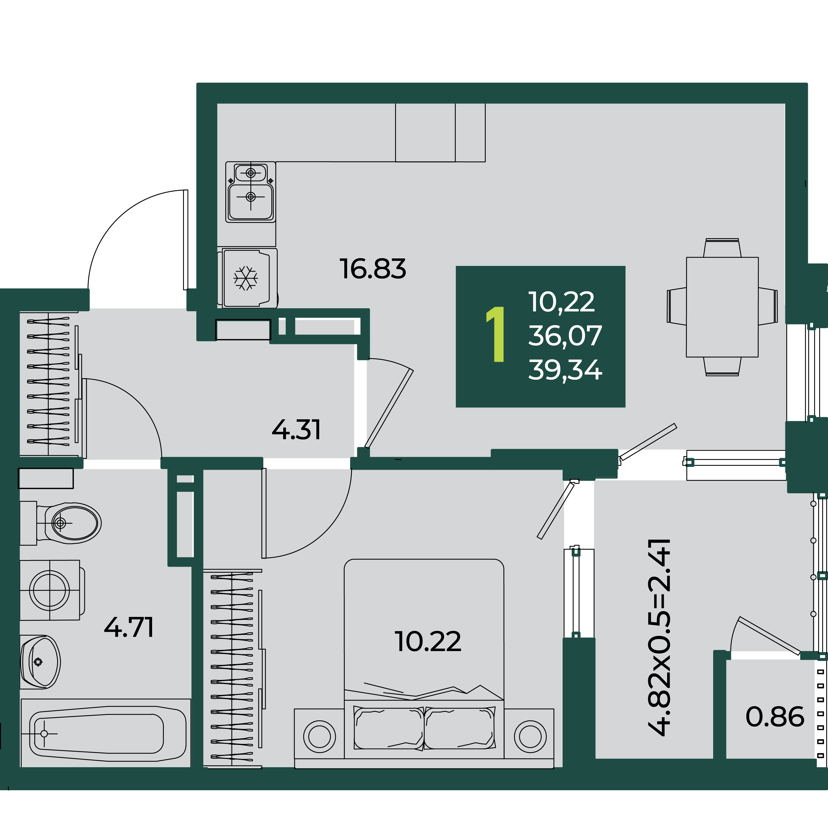 Планировка: 1-комн. квартира 39,3 м²