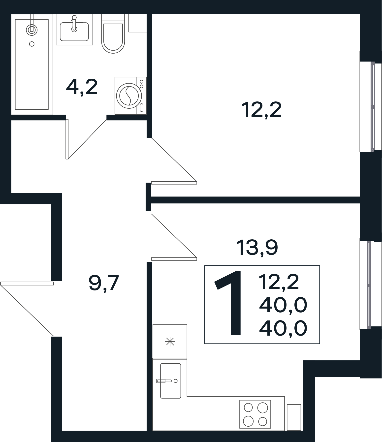 Планировка 1-комнатная 40 м²
