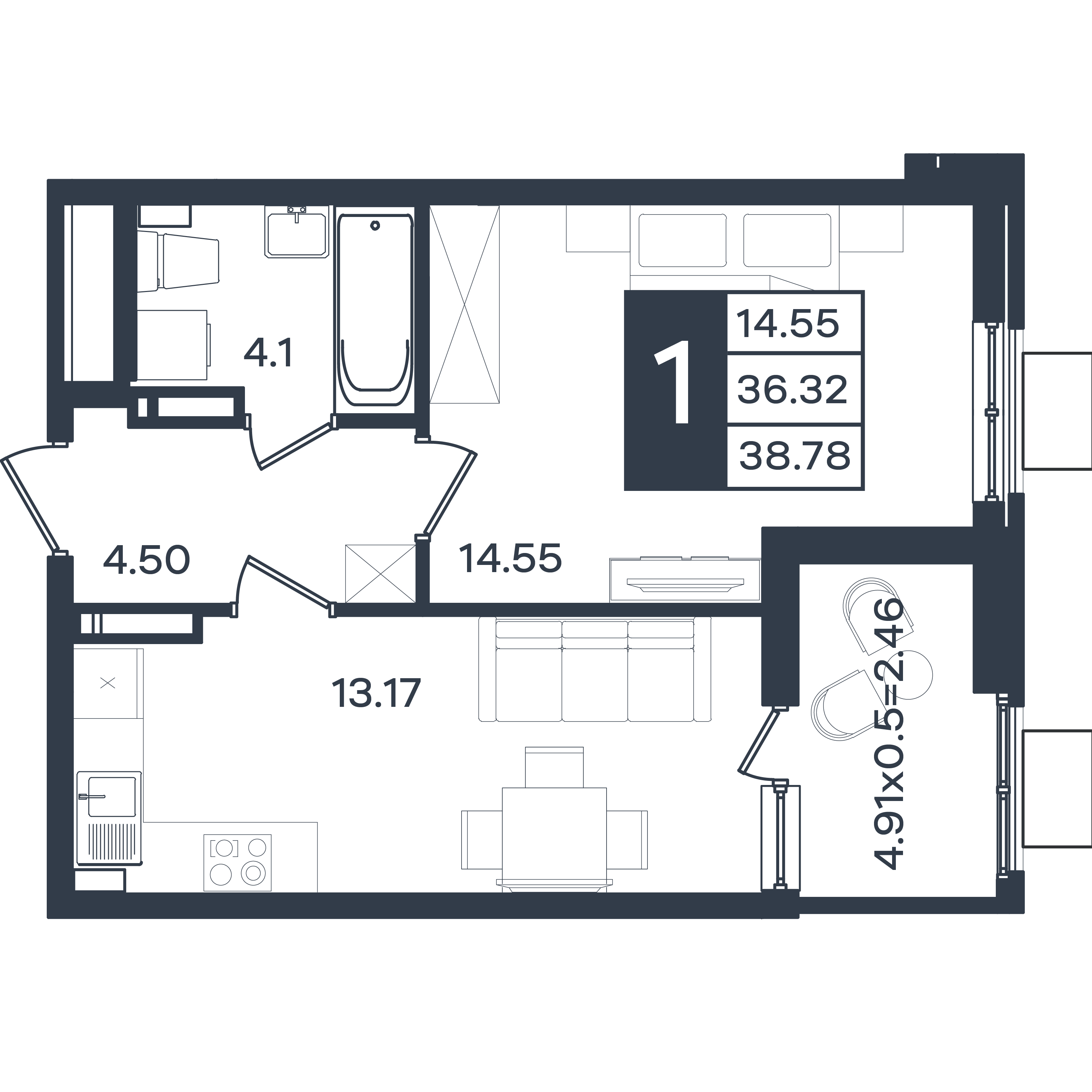 Планировка: 1-комн. квартира 38,8 м²