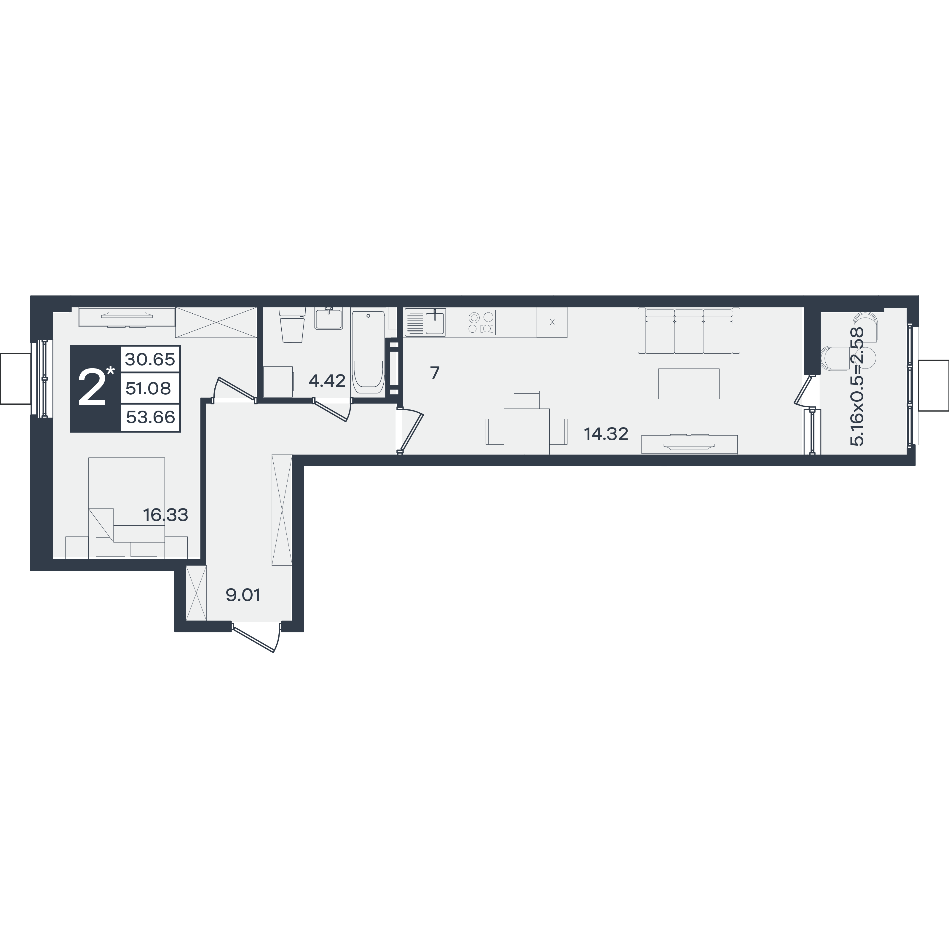 Планировка: 2-комн. квартира 53,7 м²