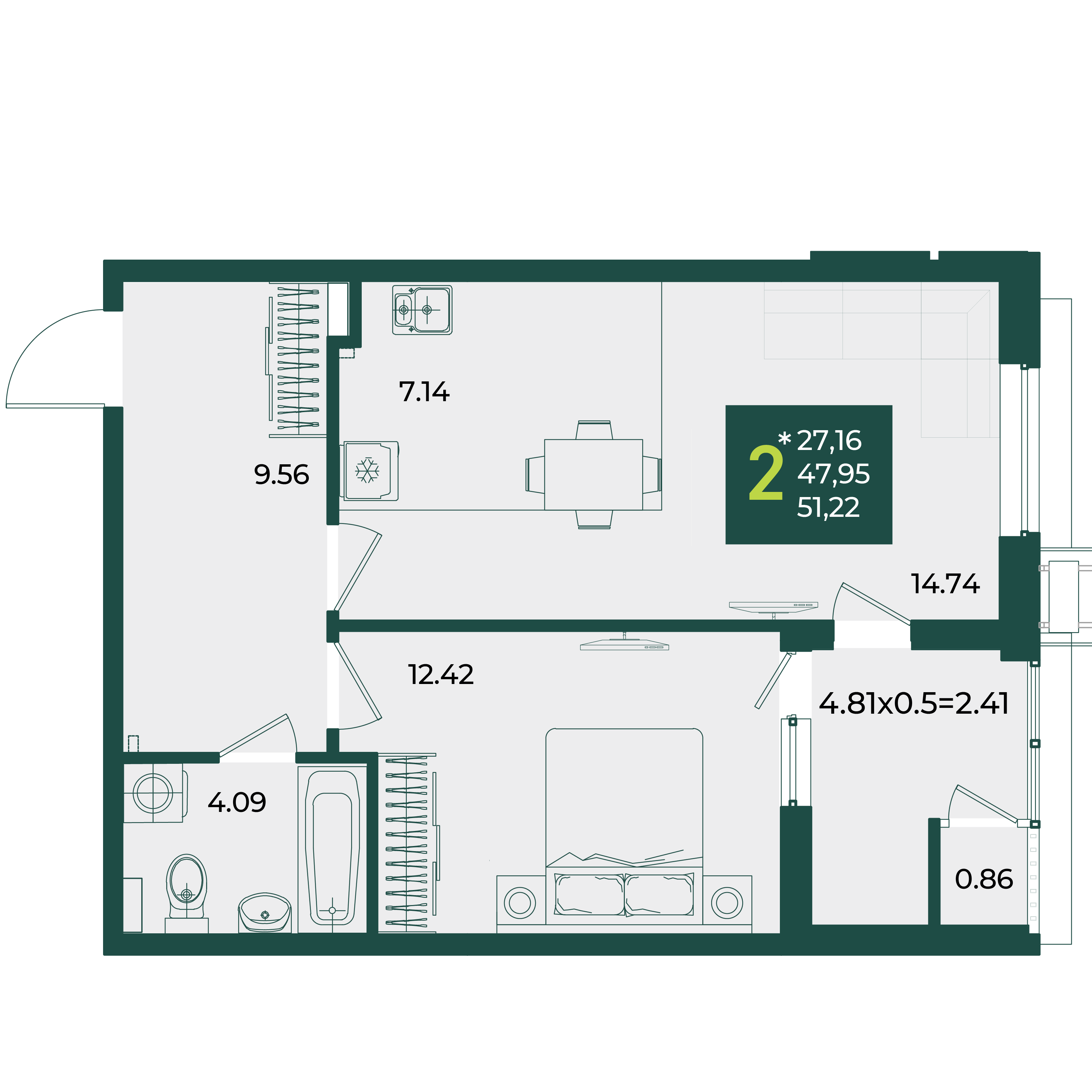 Планировка 2-комнатная 51,22 м²