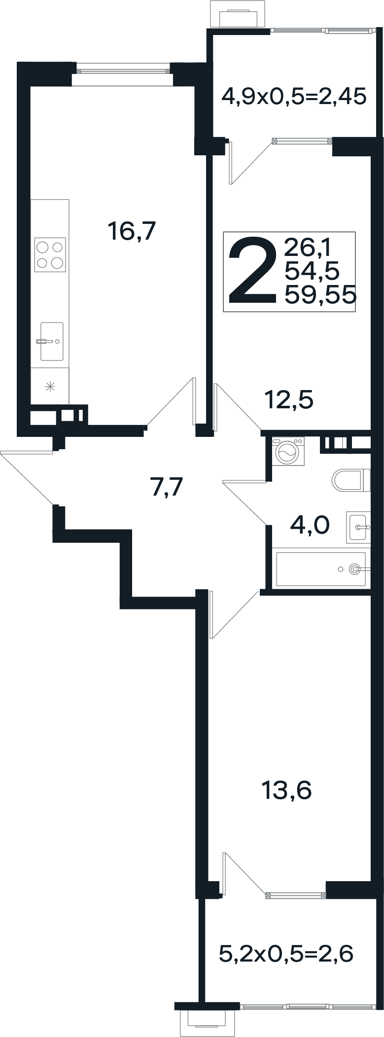 Планировка: 2-комн. квартира 59,6 м²