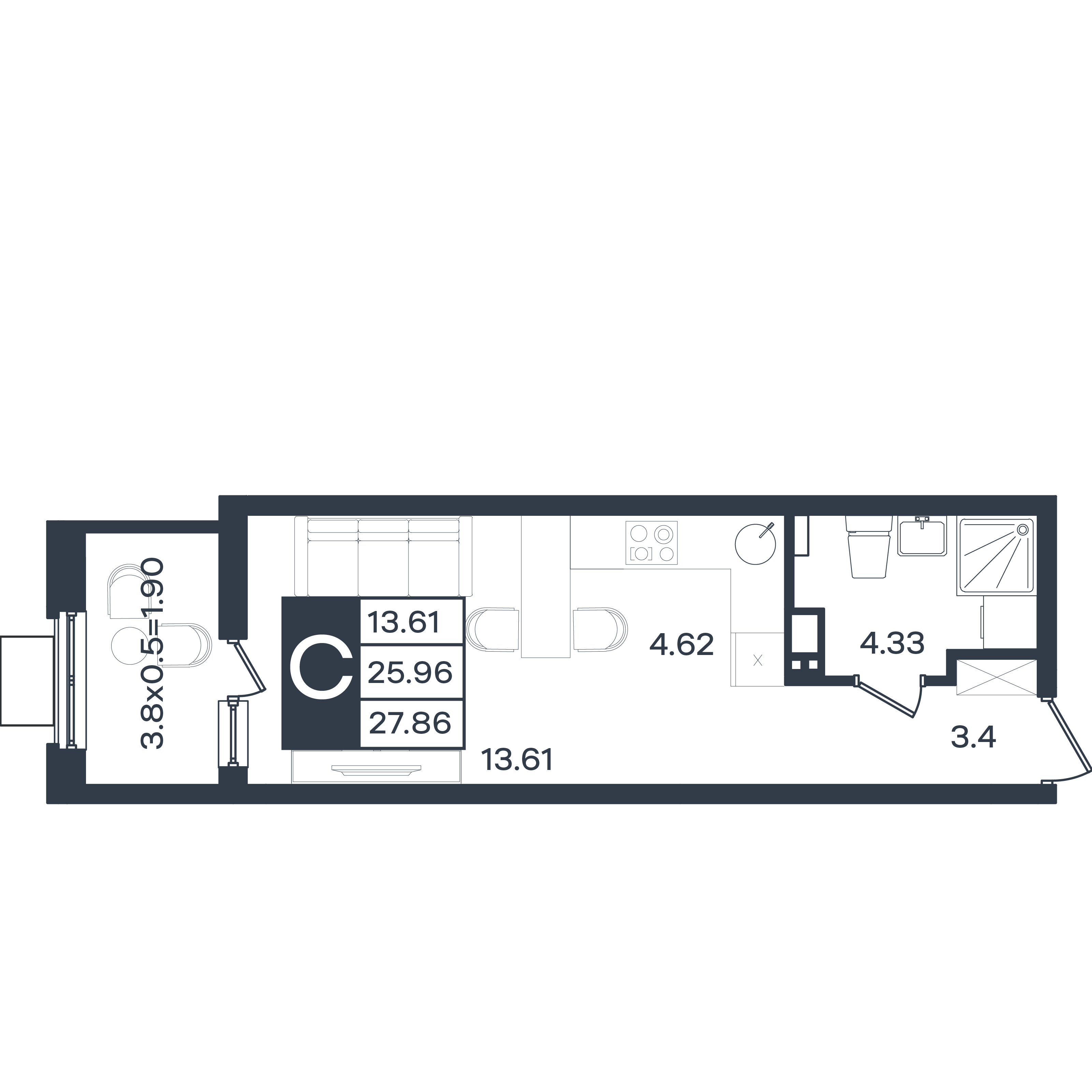 Планировка: Студия 27,9 м²