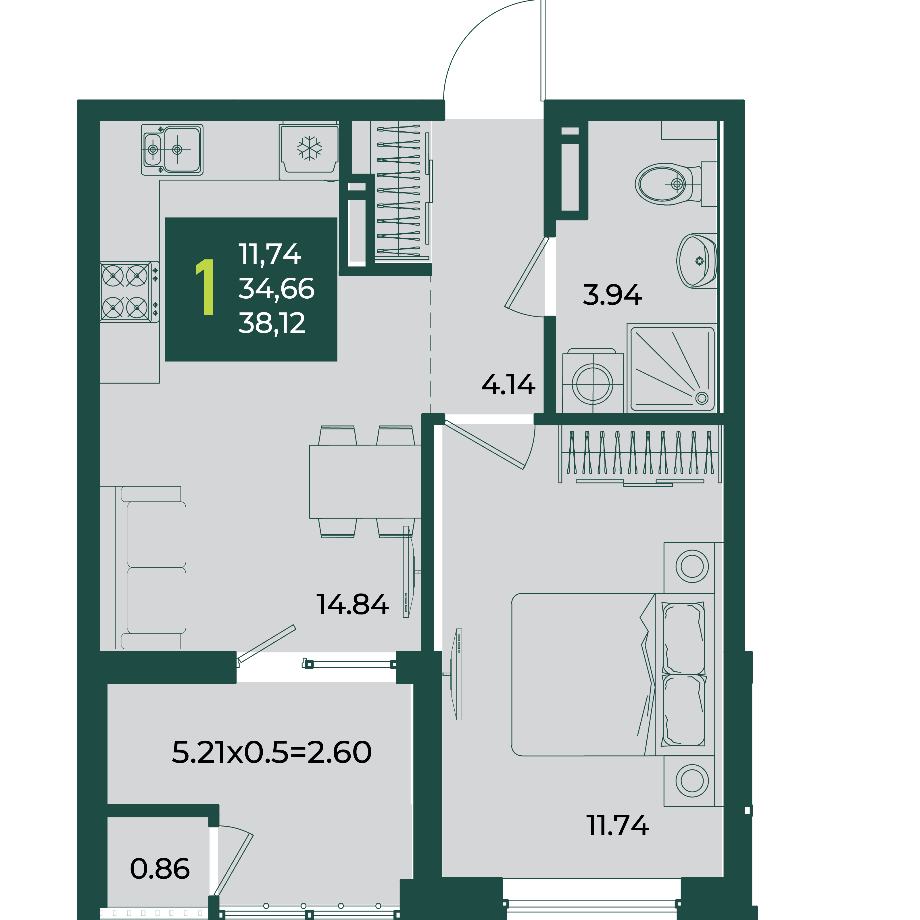Планировка: 1-комн. квартира 38,1 м²