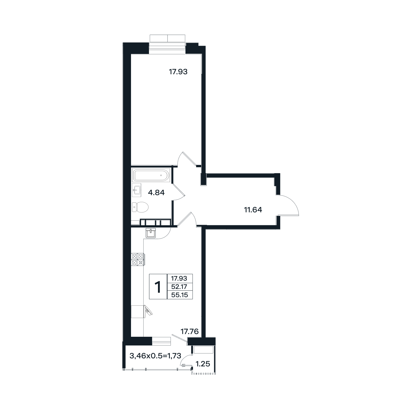 Планировка 1-комнатная 55,15 м²