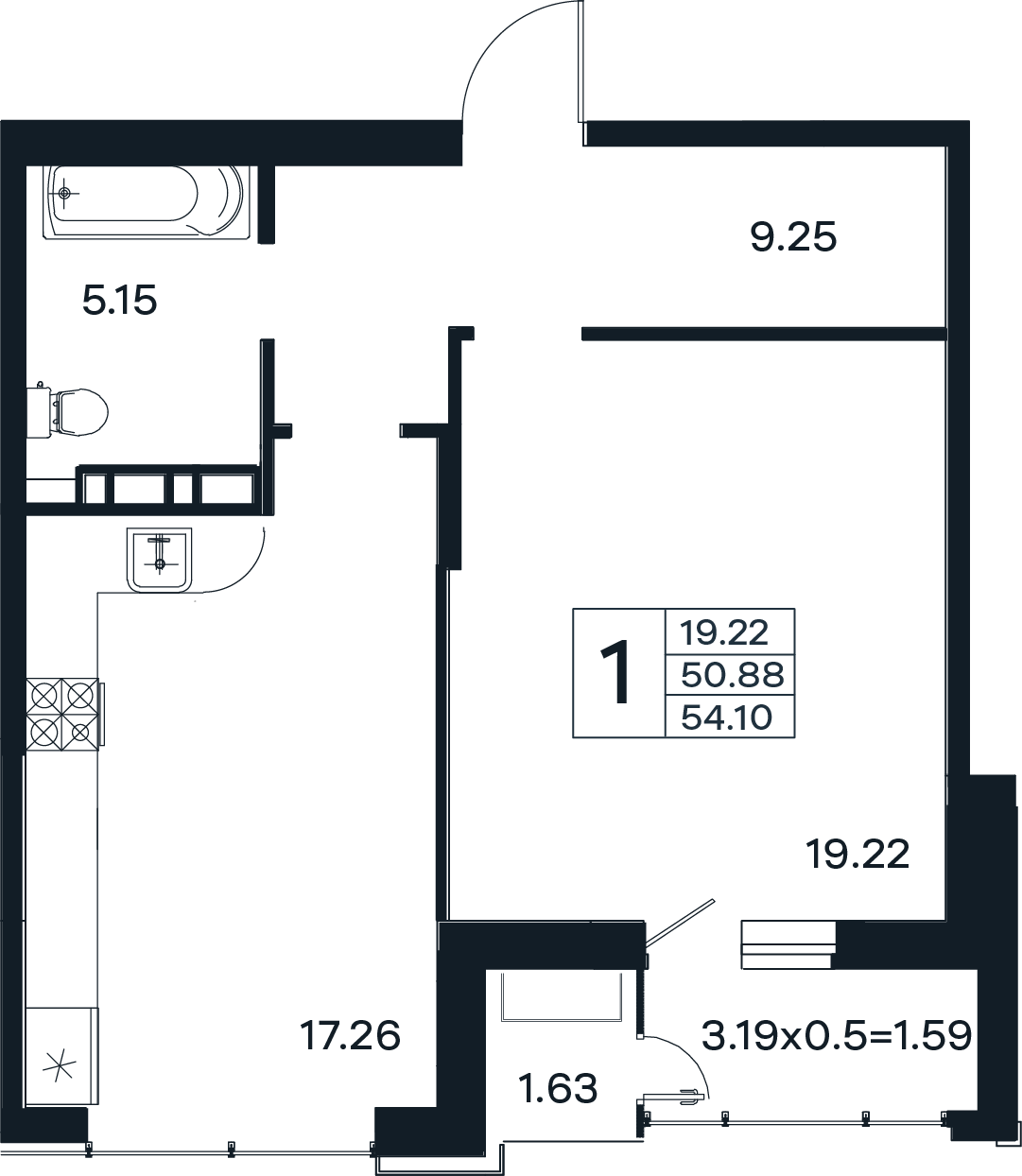 Планировка: 1-комн. квартира 54,1 м²