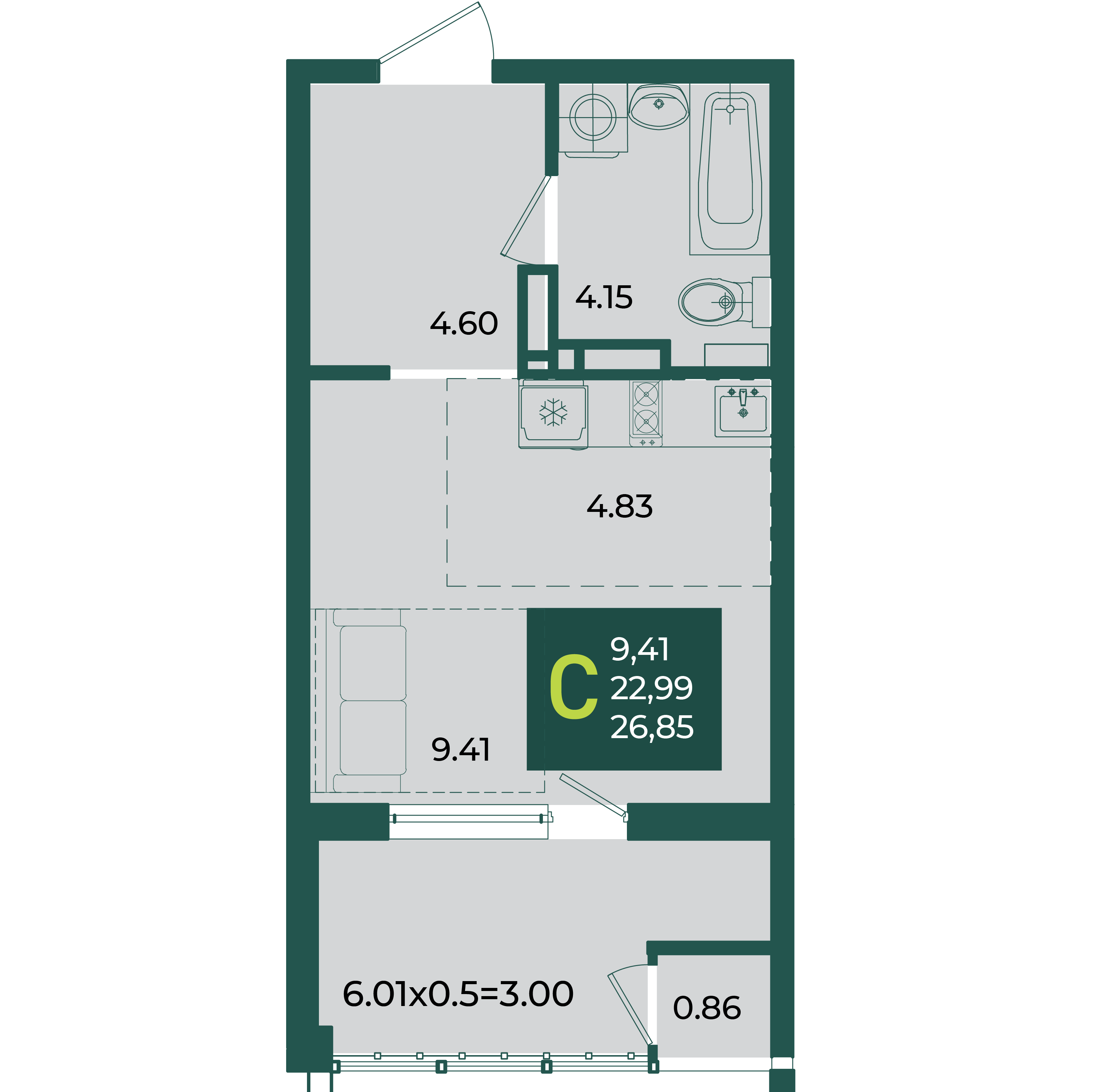 Планировка: Студия 26,9 м²