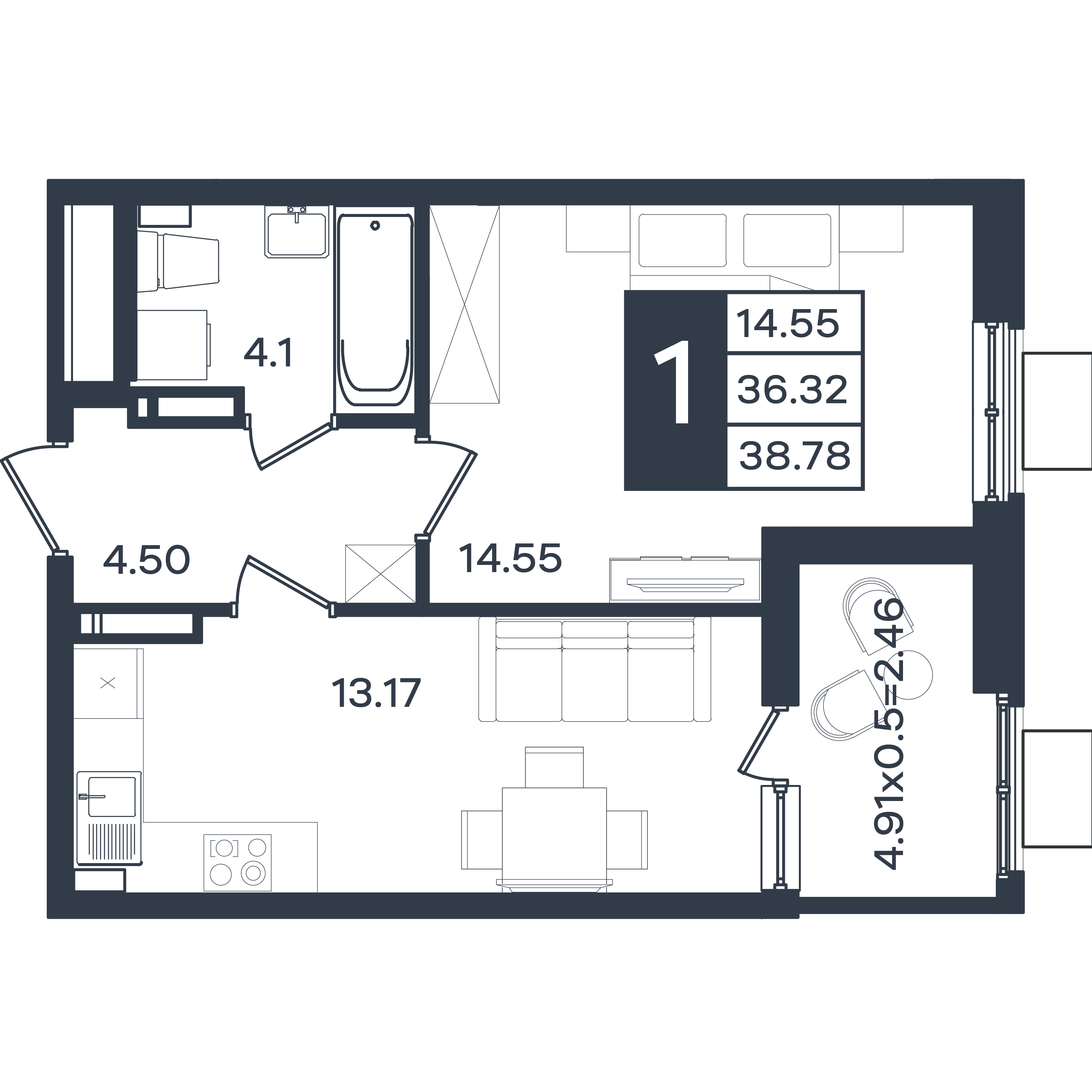 Планировка: 1-комн. квартира 38,7 м²