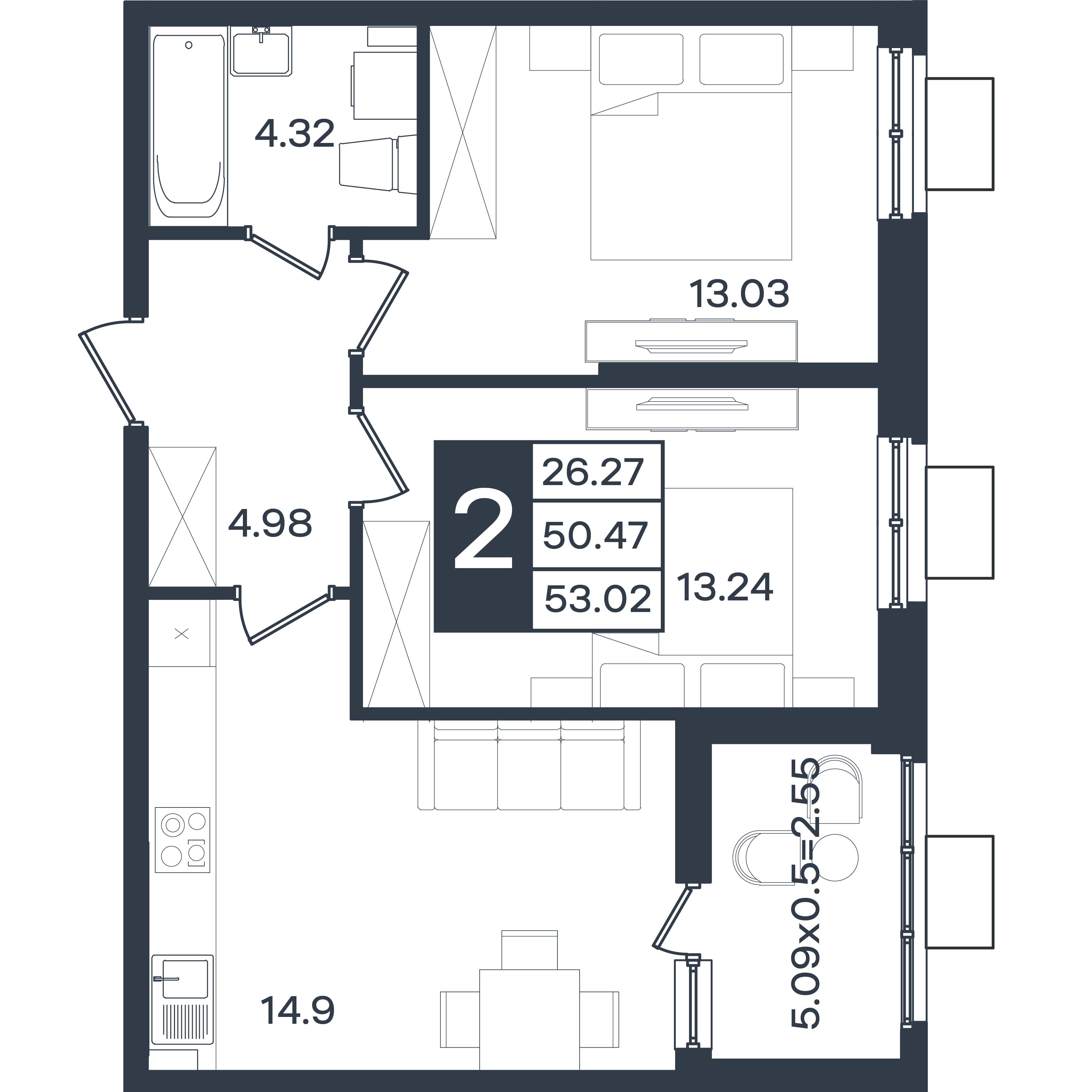 Планировка: 2-комн. квартира 53 м²