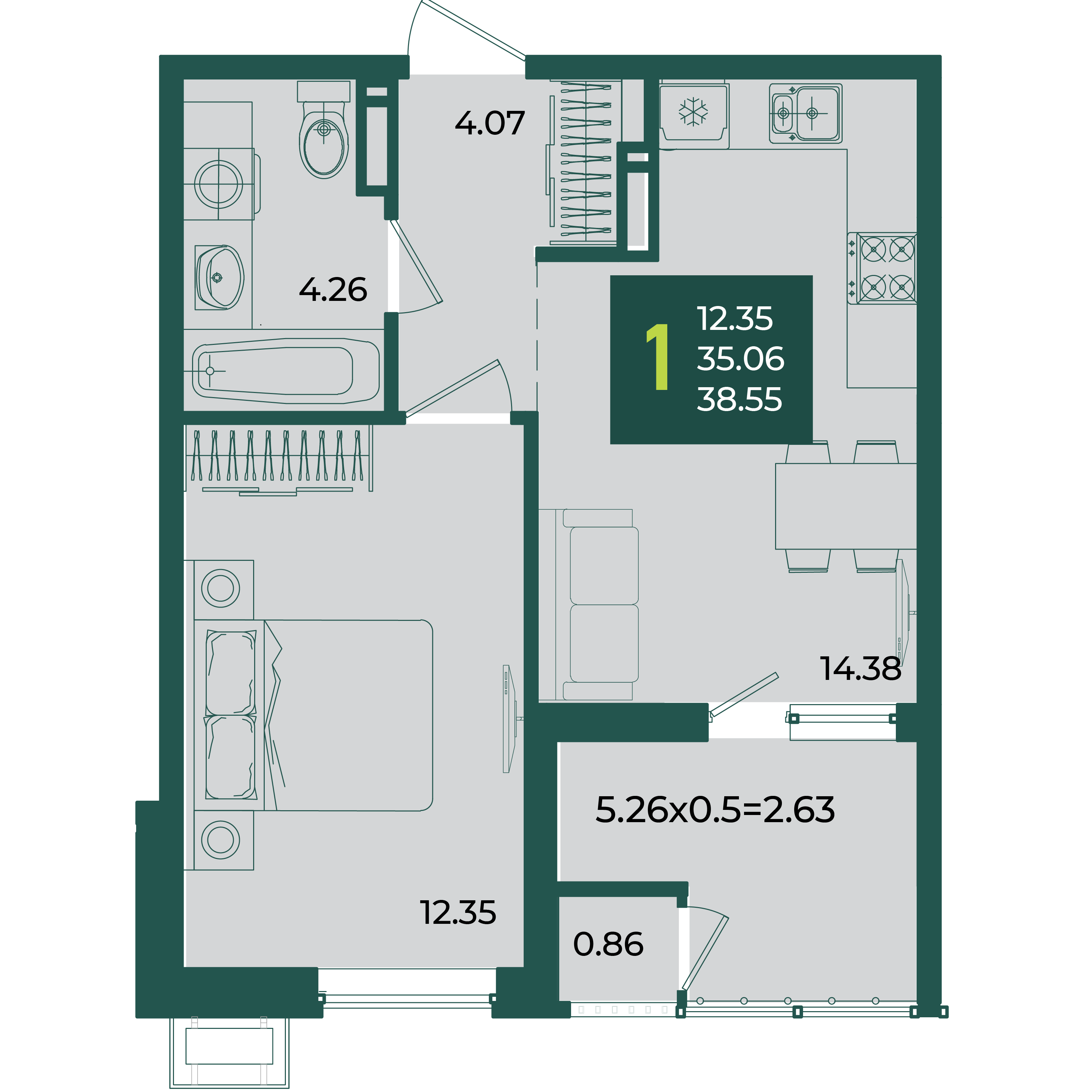 Планировка: 1-комн. квартира 38,6 м²