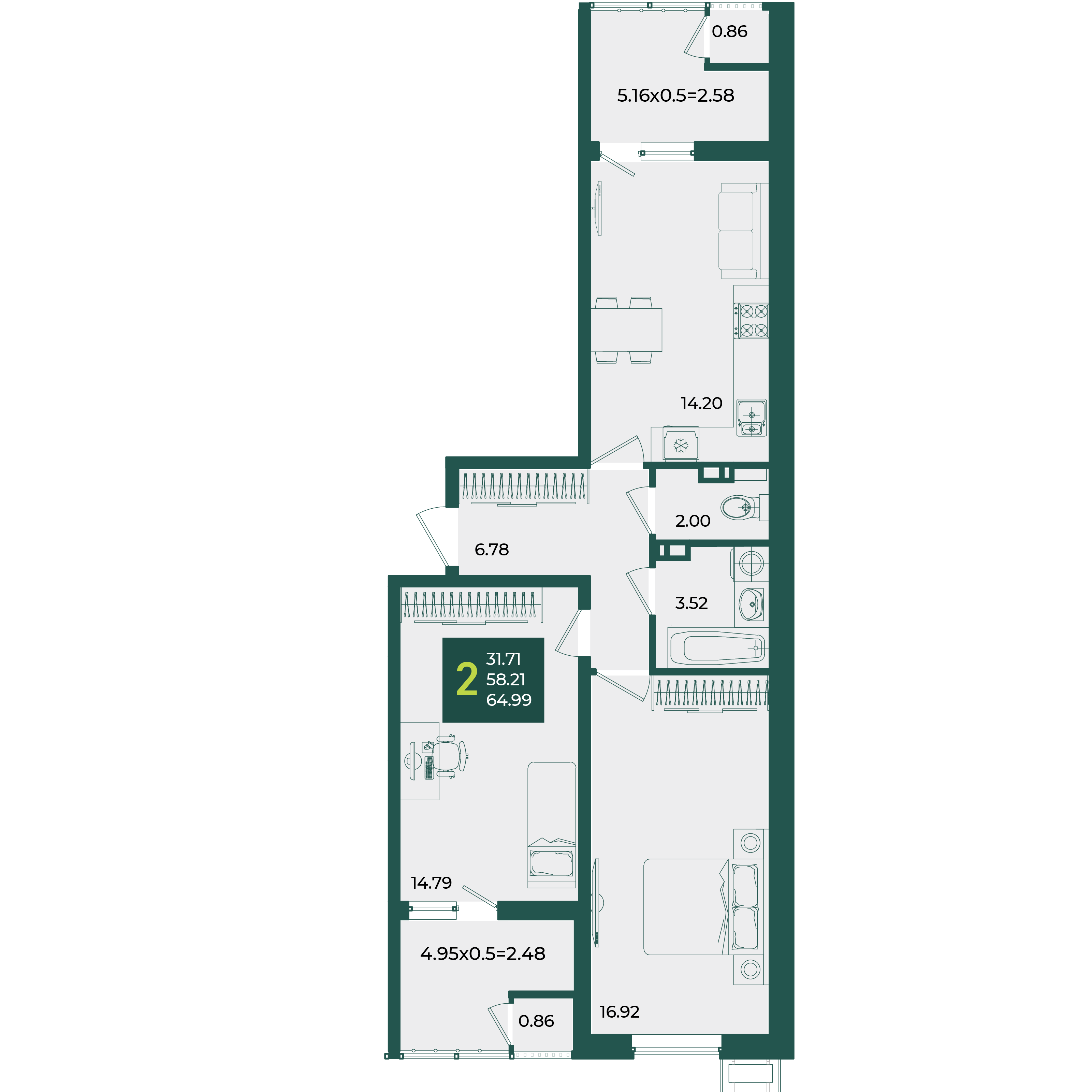 Планировка: 2-комн. квартира 65 м²